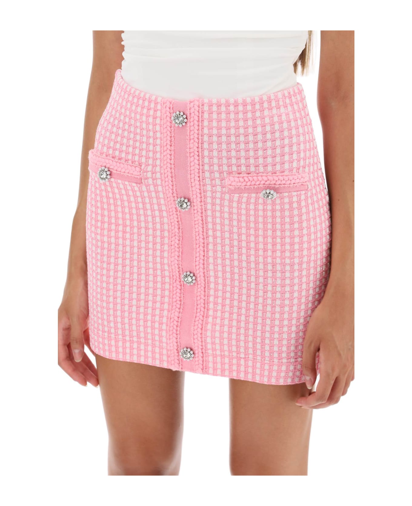 self-portrait Lurex Knitted Mini Skirt With Diamanté Buttons - PINK (Pink)