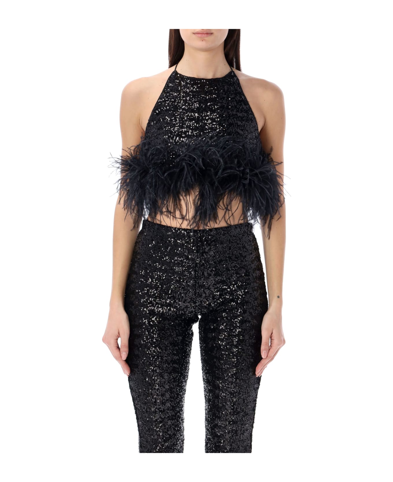 Oseree Paillettes Feather Top - BLACK