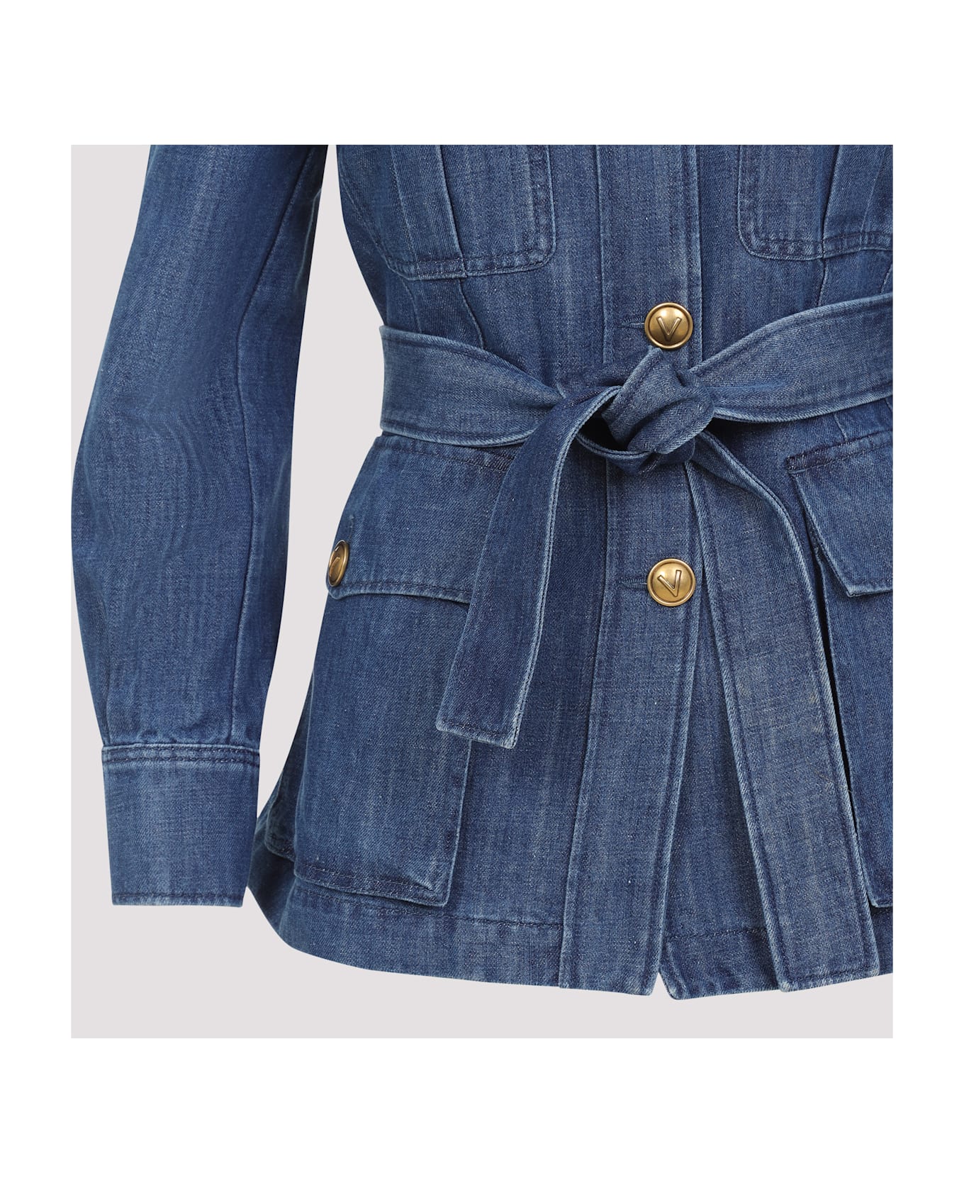 Valentino Garavani Sahariana Belted Waist Denim Jacket - Medium Blue Denim