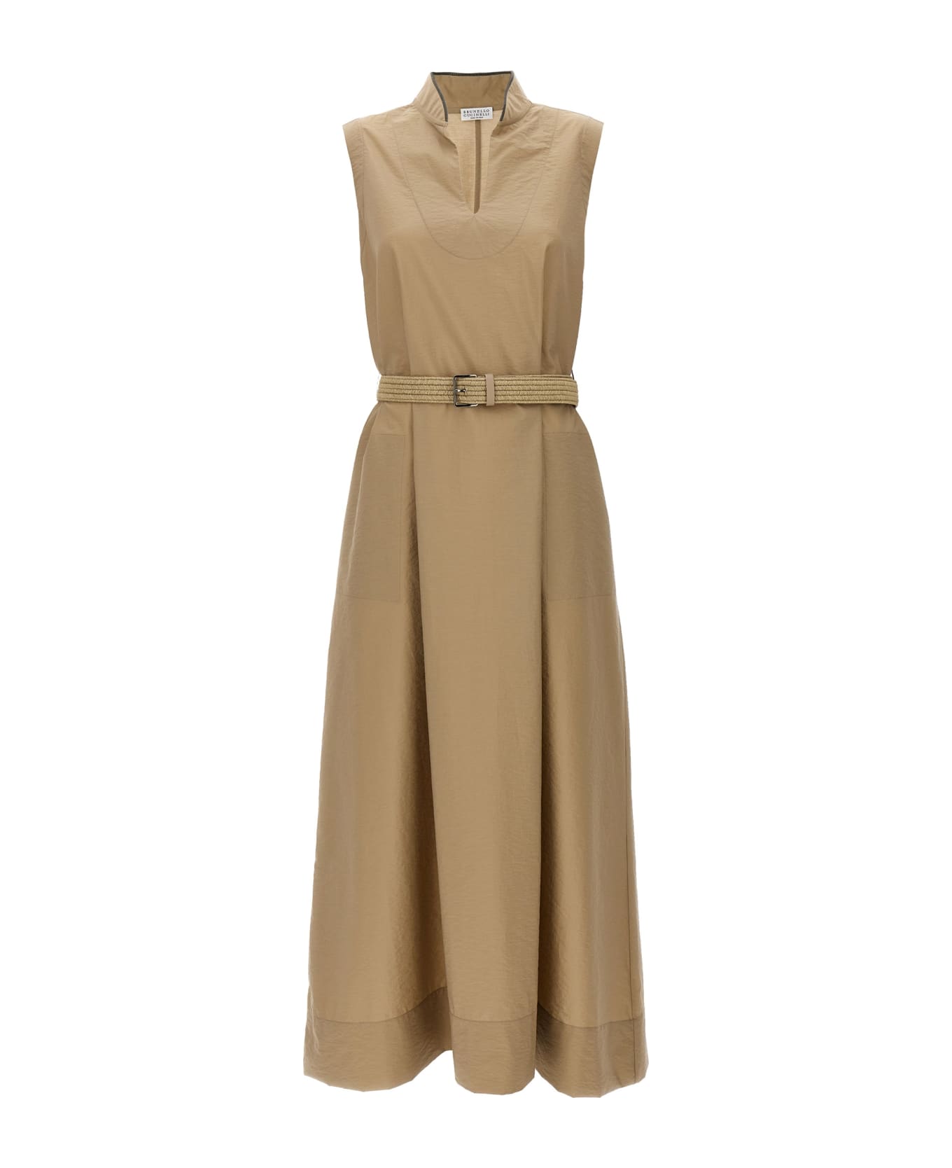 Brunello Cucinelli Techno Cotton Poplin Dress With Belt And Precious Shoulder Detail - Beige ワンピース＆ドレス