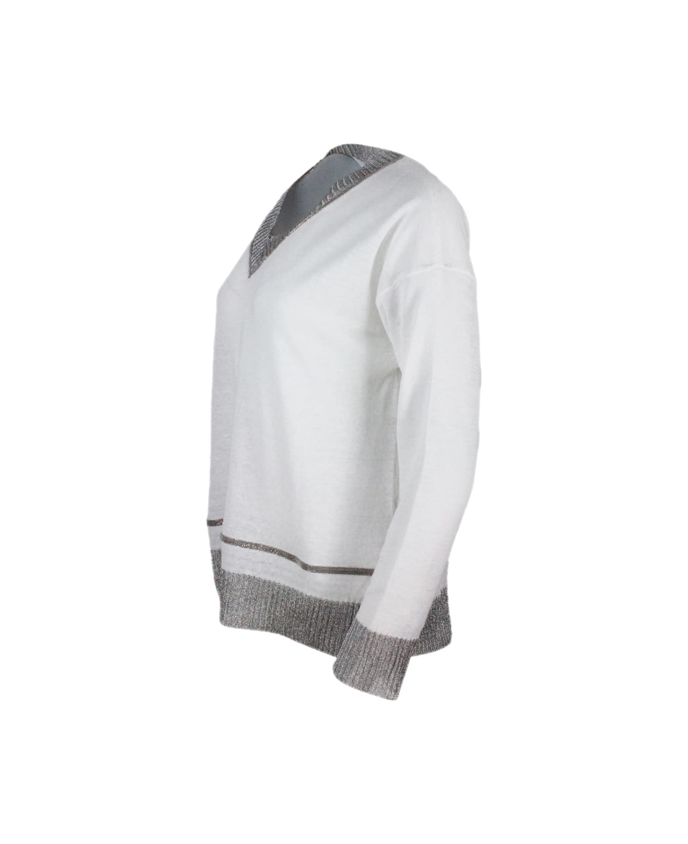 Fabiana Filippi Cotton And Hemp Thread Sweater With V-neck - White