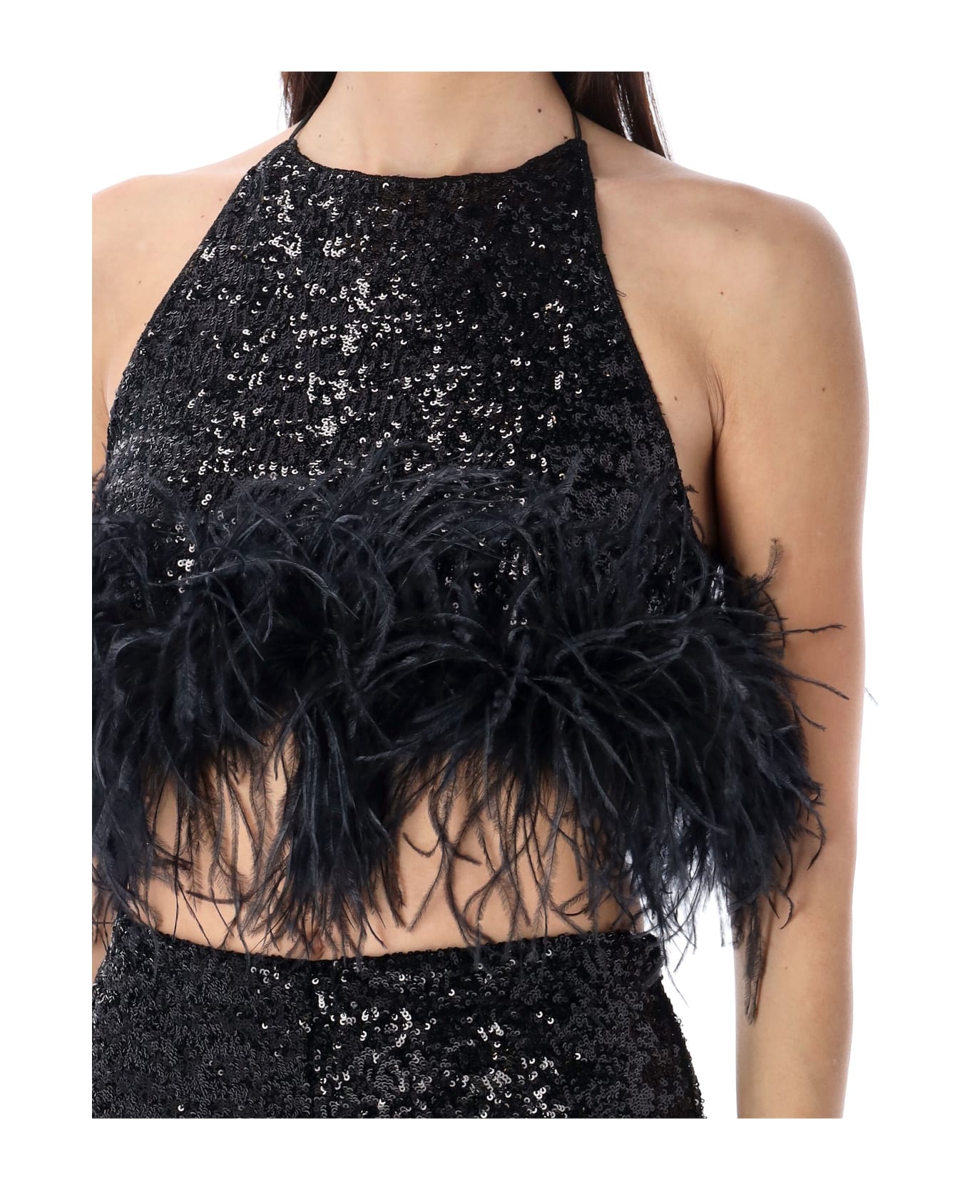 Oseree Paillettes Feather Top - BLACK