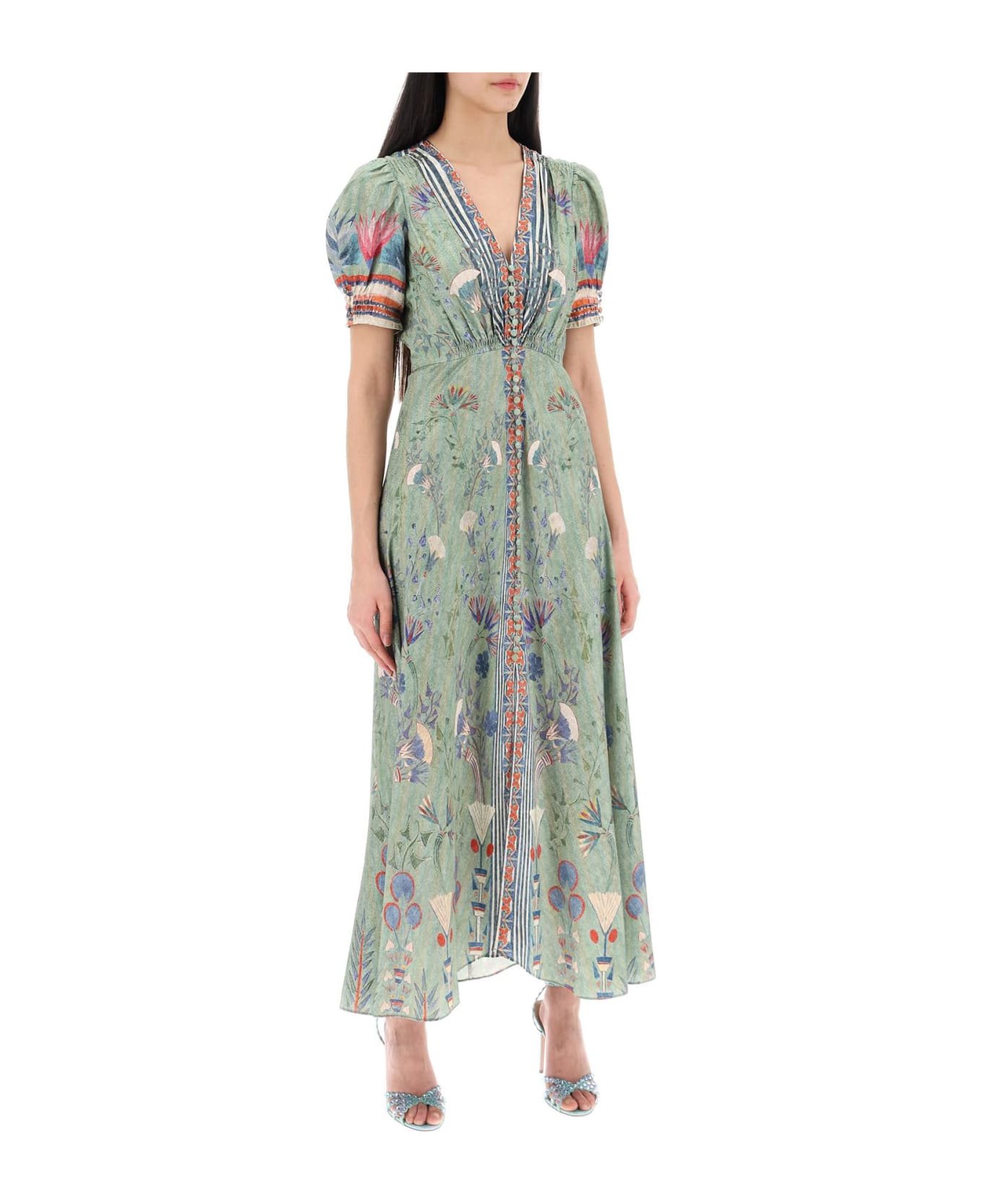 Saloni 'lea' Long Dress In Printed Silk - PAPYRUS BORDER PLMT (Green)
