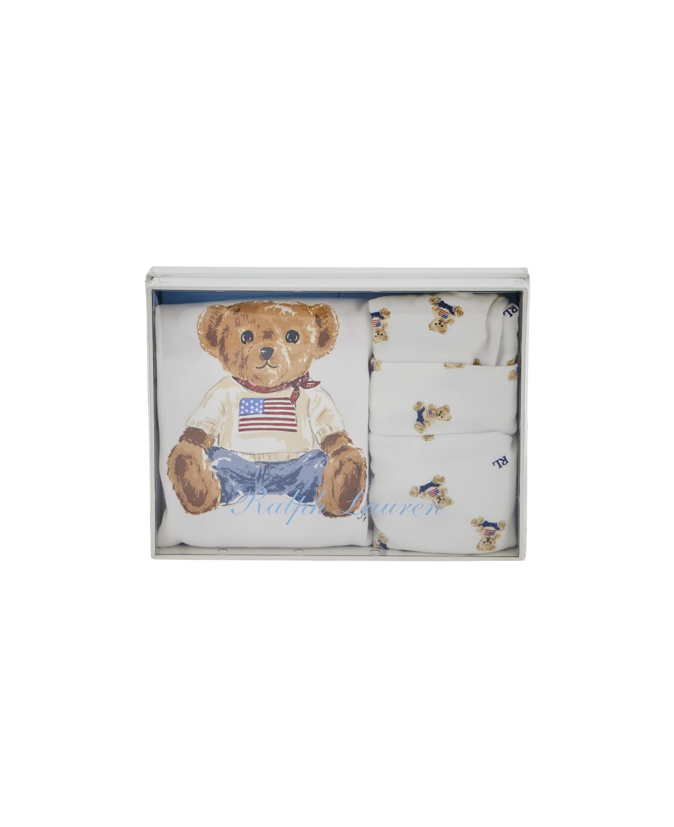Polo Ralph Lauren White Set Of Three With Onesie And Matching Bib And Beanie With All-over Bear Print In Cotton Baby - White