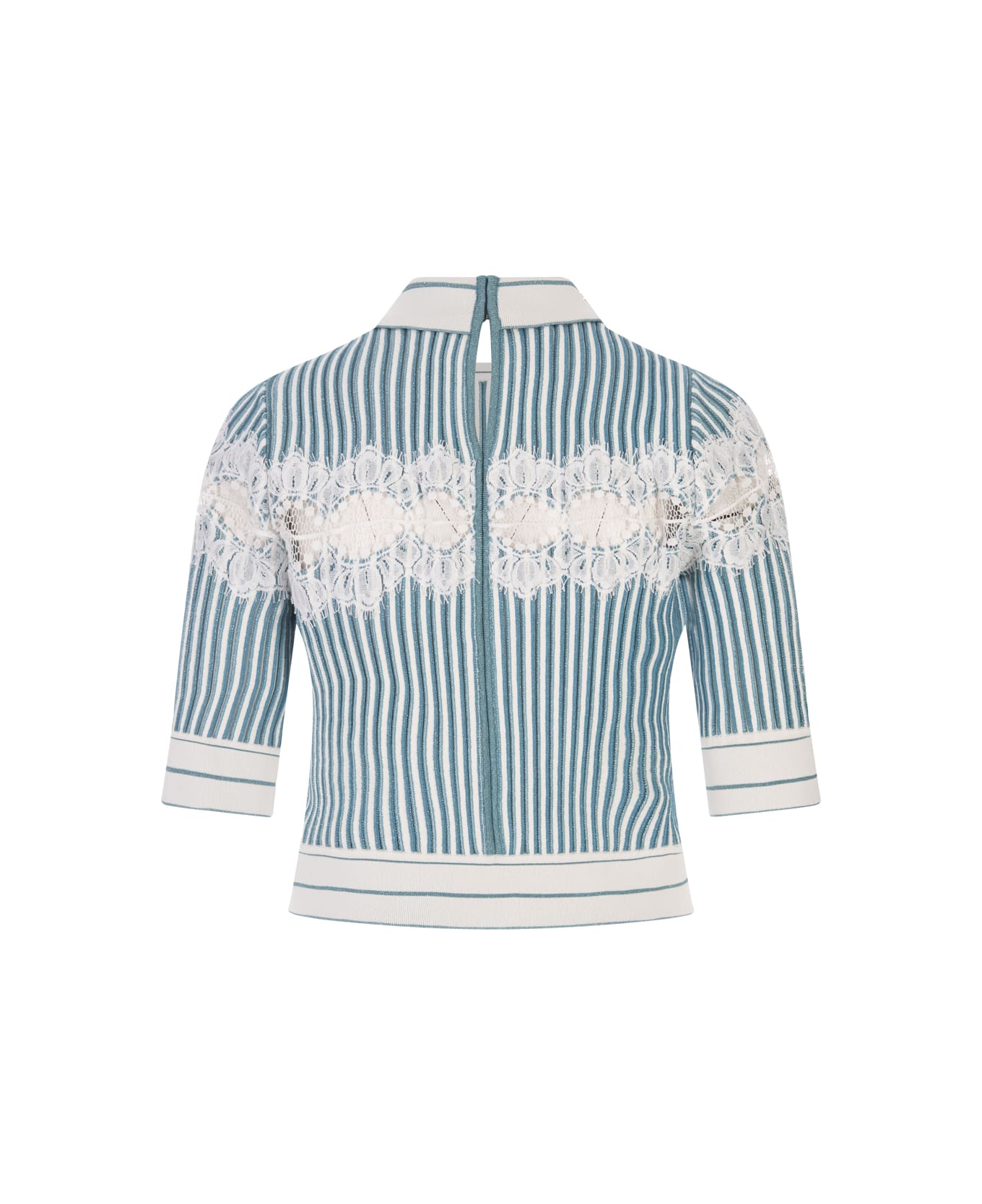 Elie Saab Polo Shirt In White And Blue Gin Knit And Lace - Blue