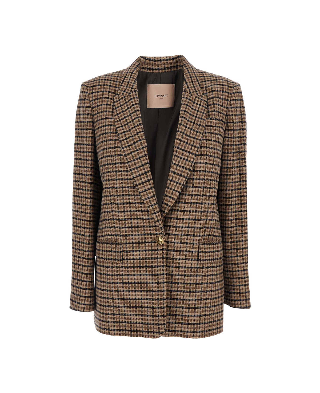 TwinSet Beige Single-breasted Jacket With All-over Check Motif In Wool Blend Woman - Beige