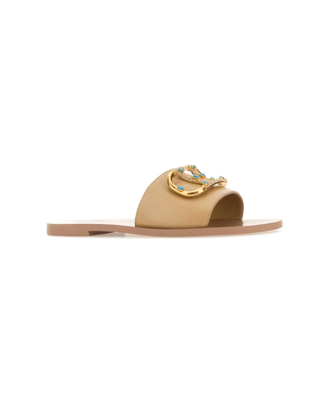 Valentino Garavani Beige Leather Vlogo Slippers - CAPPUCCINO