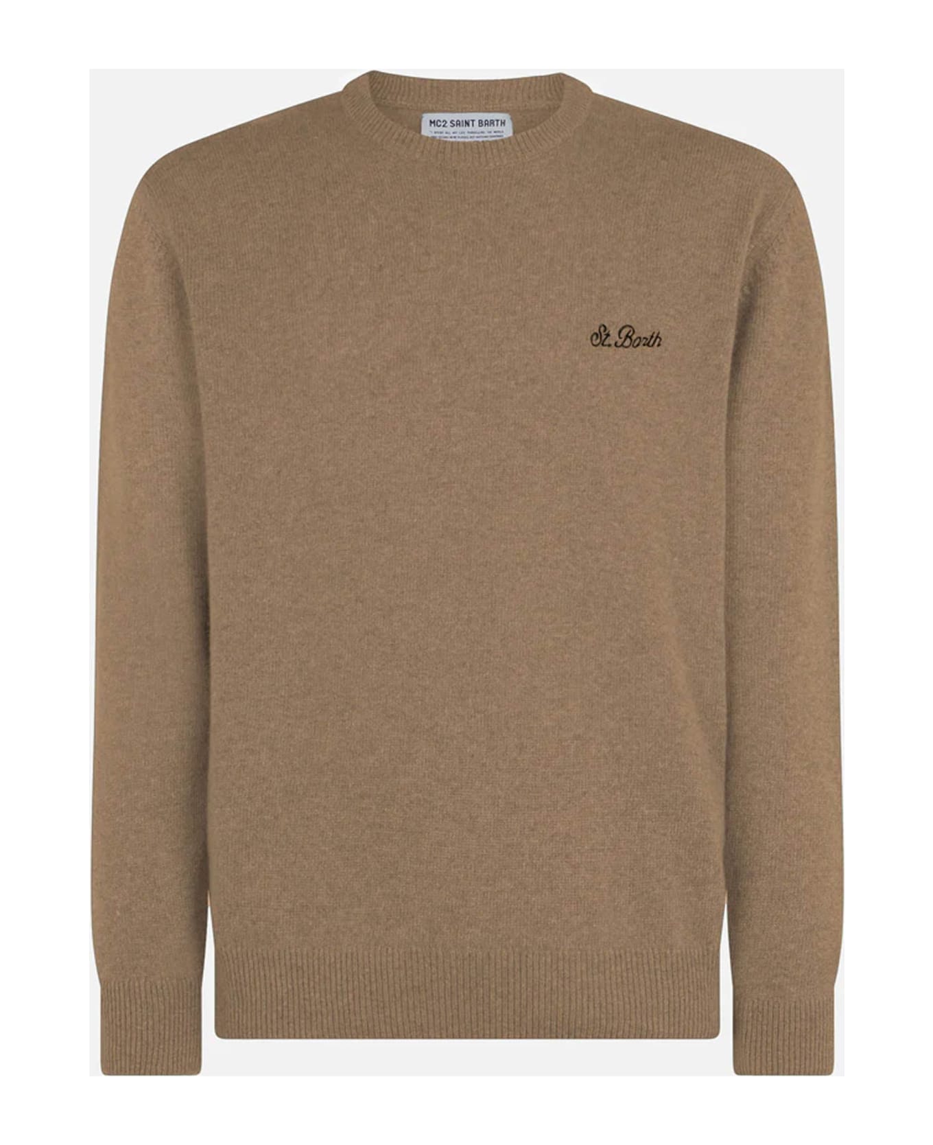 MC2 Saint Barth Man Crewneck Camel Lambswool Sweater With St. Barth Embroidery - WHITE