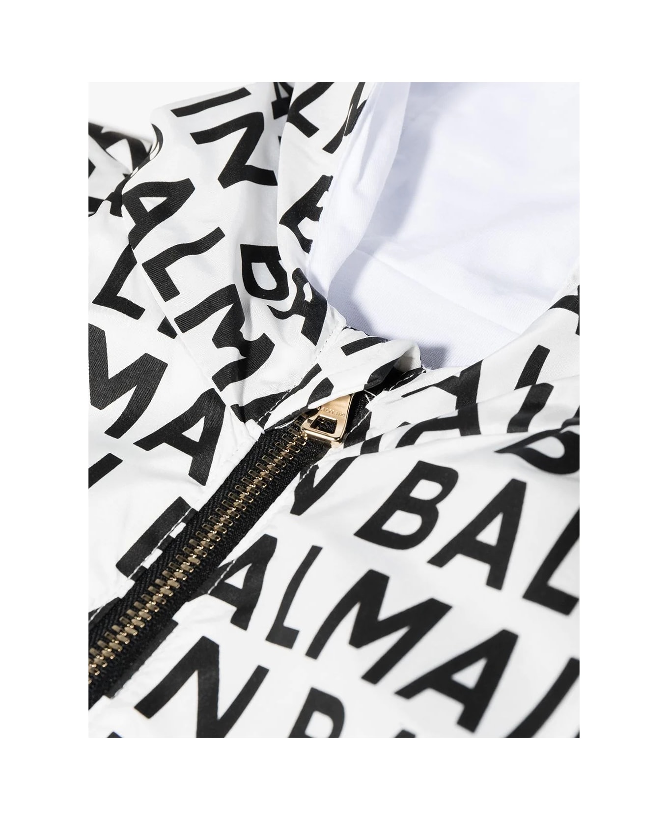 Balmain Kids Windbreaker In White Nylon With All-over Logo - White/black