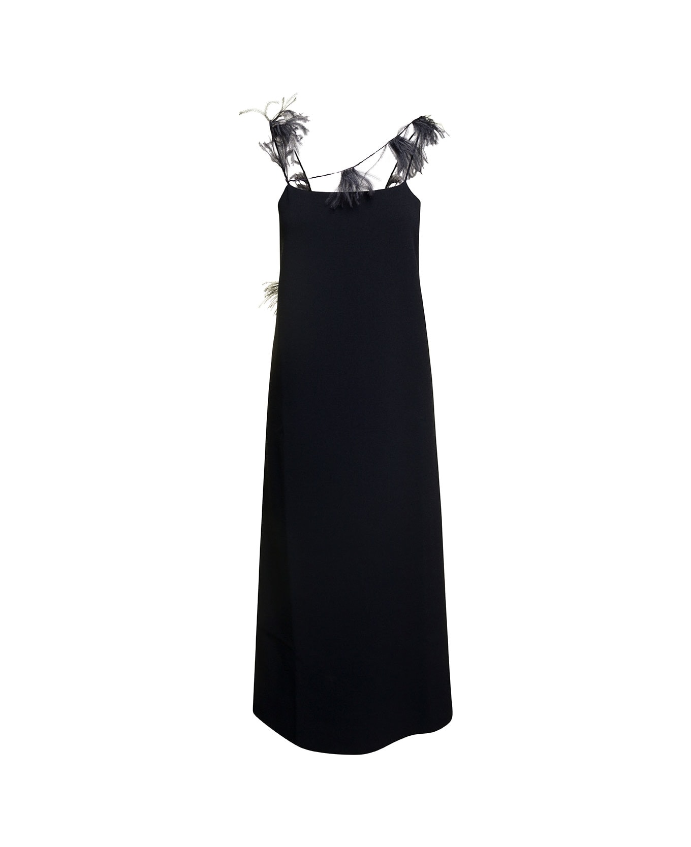 Jil Sander Midi Black Ribbed Dress With Feathers Embellishment Woman - Black