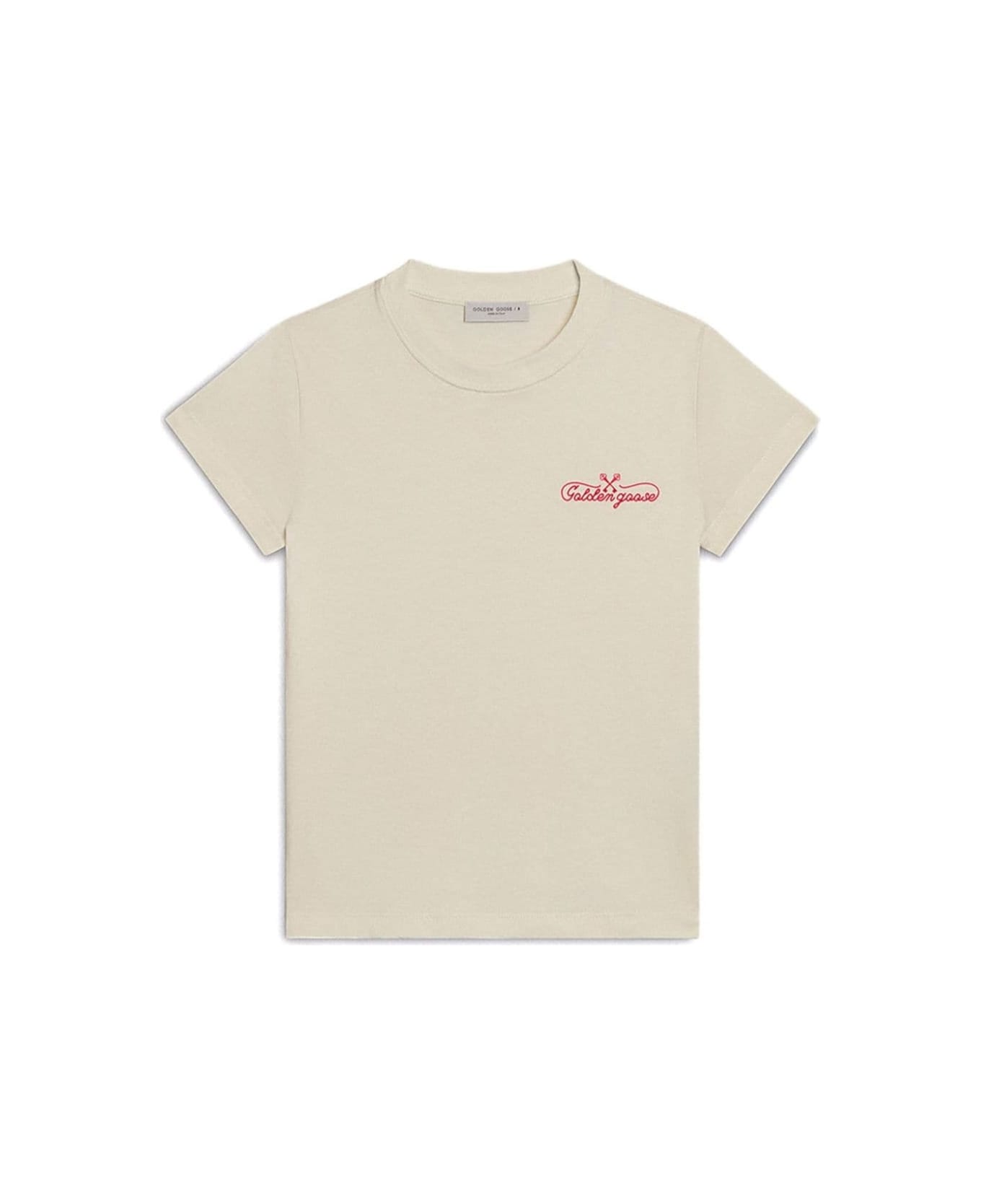 Golden Goose 'golden Eyes' White T-shirt With Round Neck And Logo On The Front In Cotton Girl - White