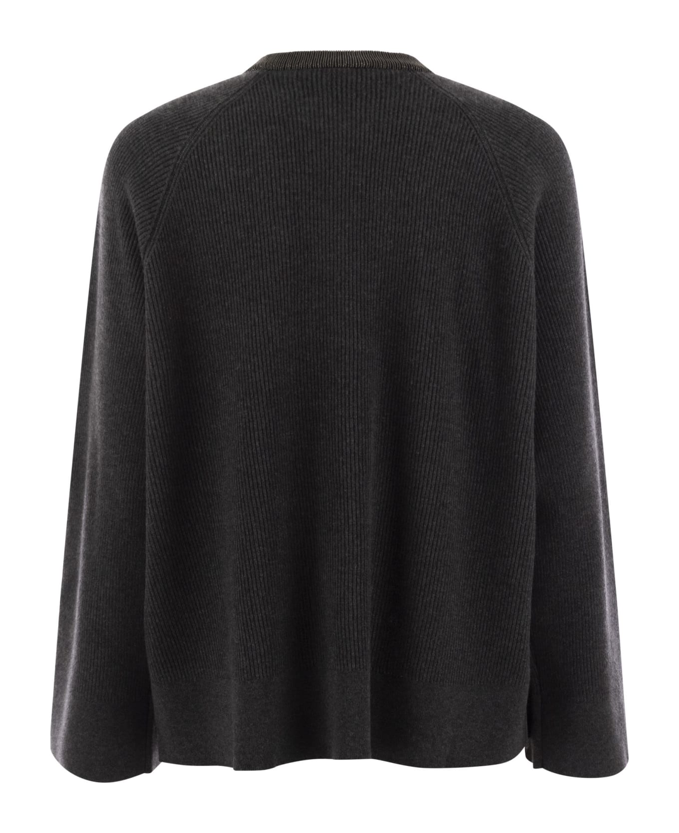 Brunello Cucinelli Ribbed Cashmere Sweater With Necklace - Anthracite