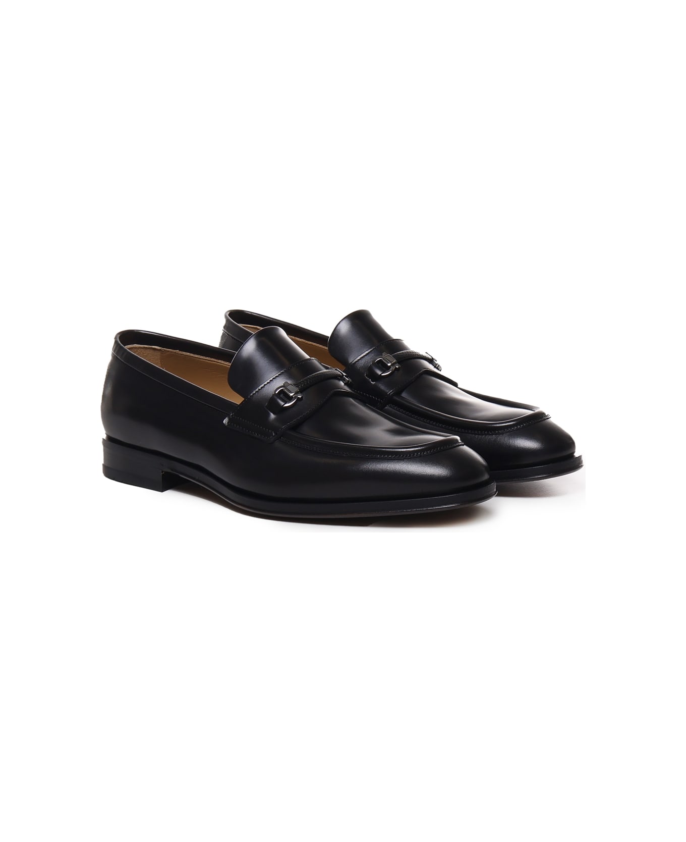 Ferragamo Leather Loafers With Gancini - Black