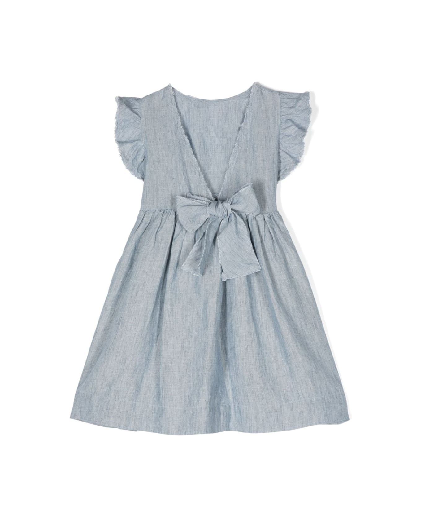 Il Gufo Blue Linen Dress With Bow Detail - Blue