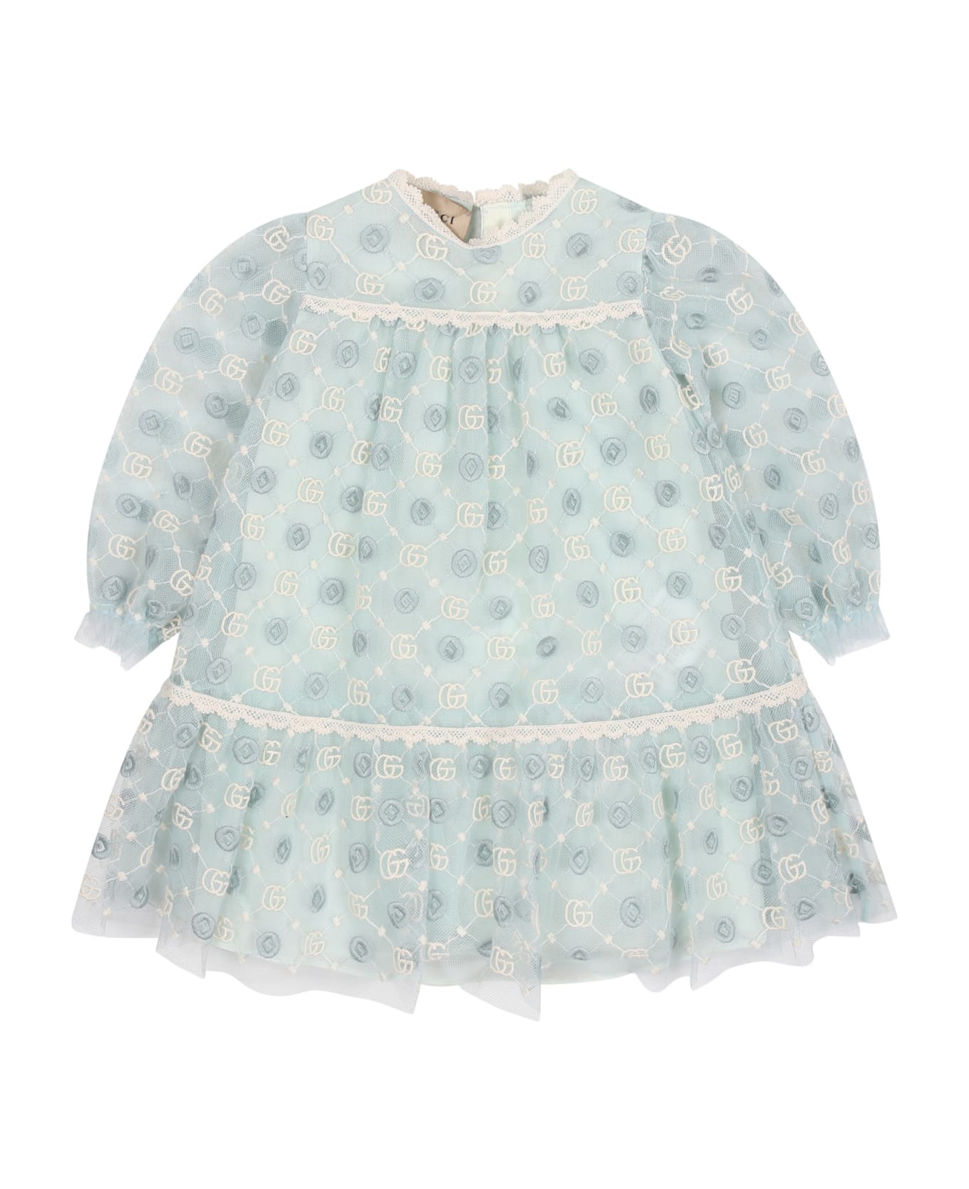 Gucci Light Blue Dress For Baby Girl With Geometric Pattern And Double G - Light Blue ウェア