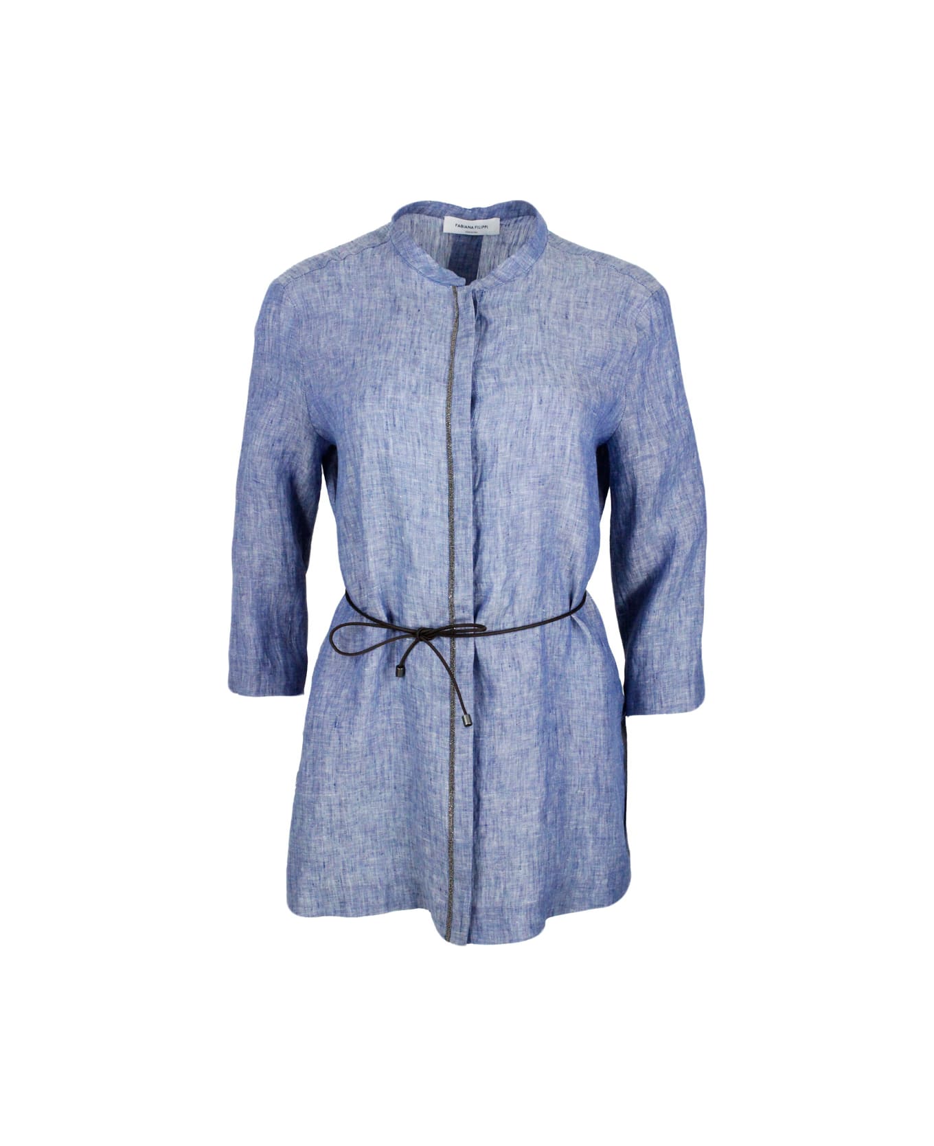 Fabiana Filippi Long Linen Shirt With Leather Belt And Embellished With Brilliant Jewels Along The Buttoning - BLUE JEANS