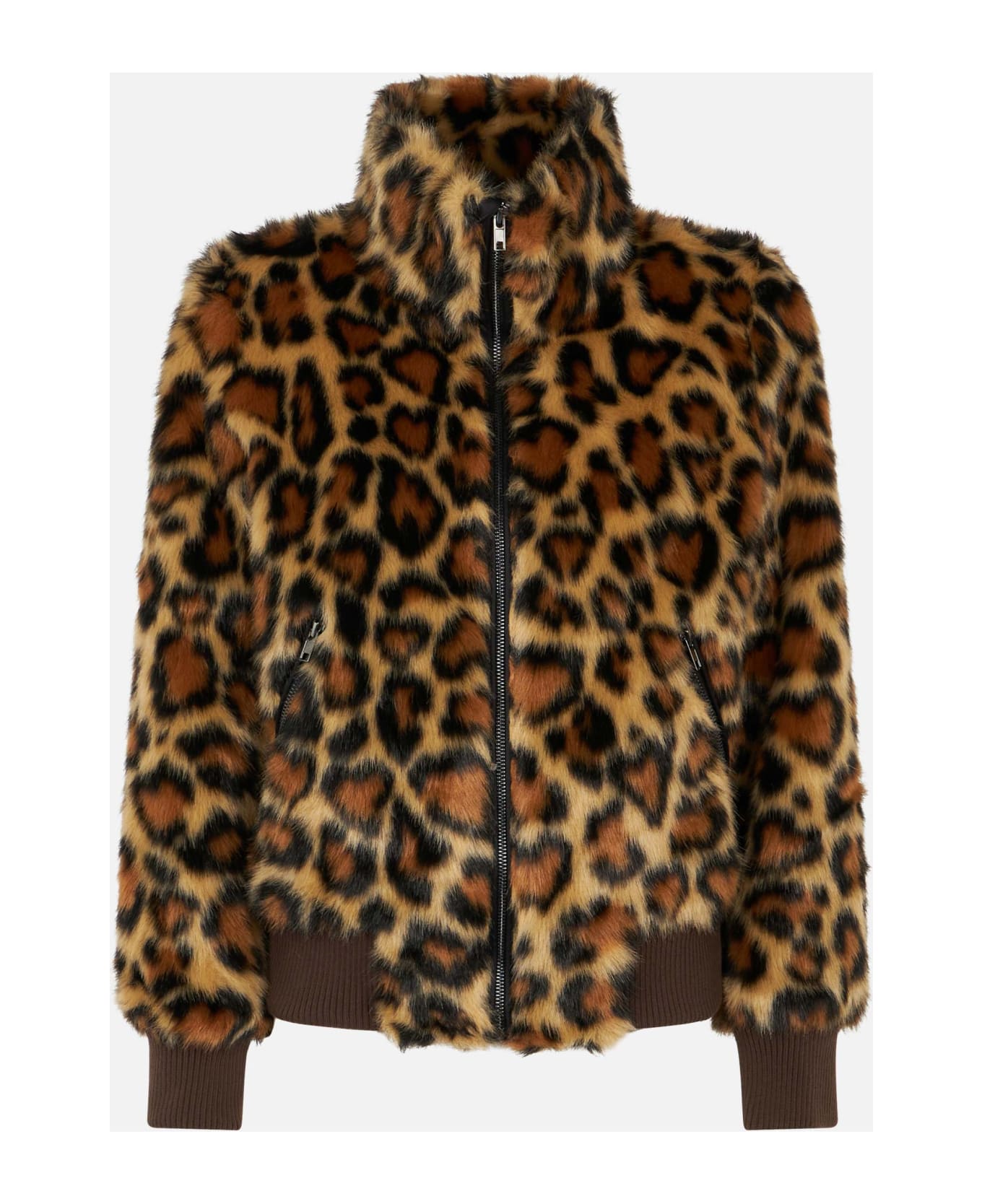 MC2 Saint Barth Woman Furry Short Jacket With Animalier Heart Print - BROWN