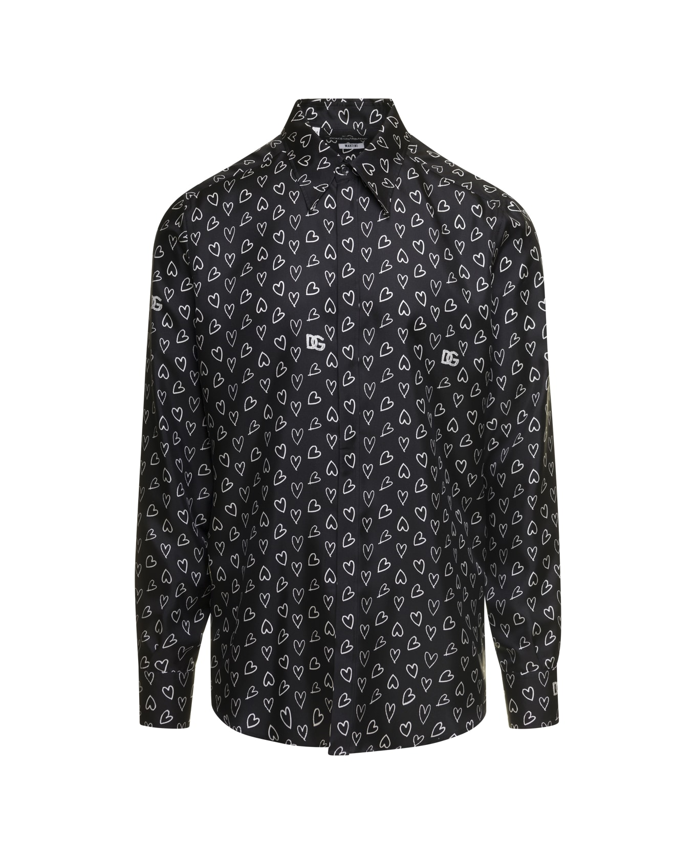 Dolce & Gabbana Black Shirt With All-over Dg Heart Print In Silk Man Dolce & Gabbana - Black