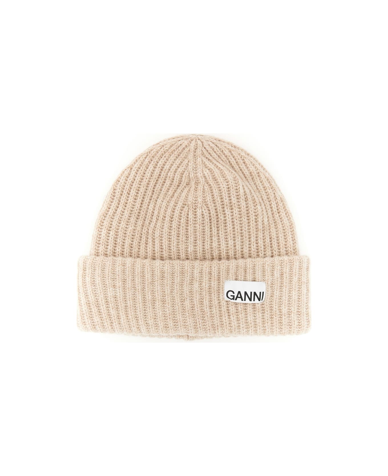 Ganni Beanie Hat With Logo - BEIGE