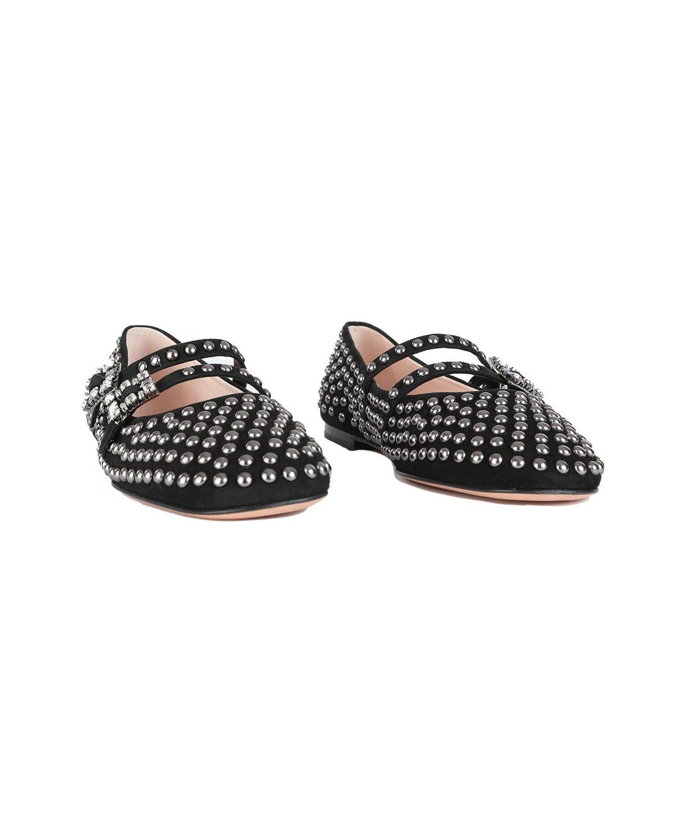Roger Vivier Stud Embellished Buckle Strap Flat Shoes - Black
