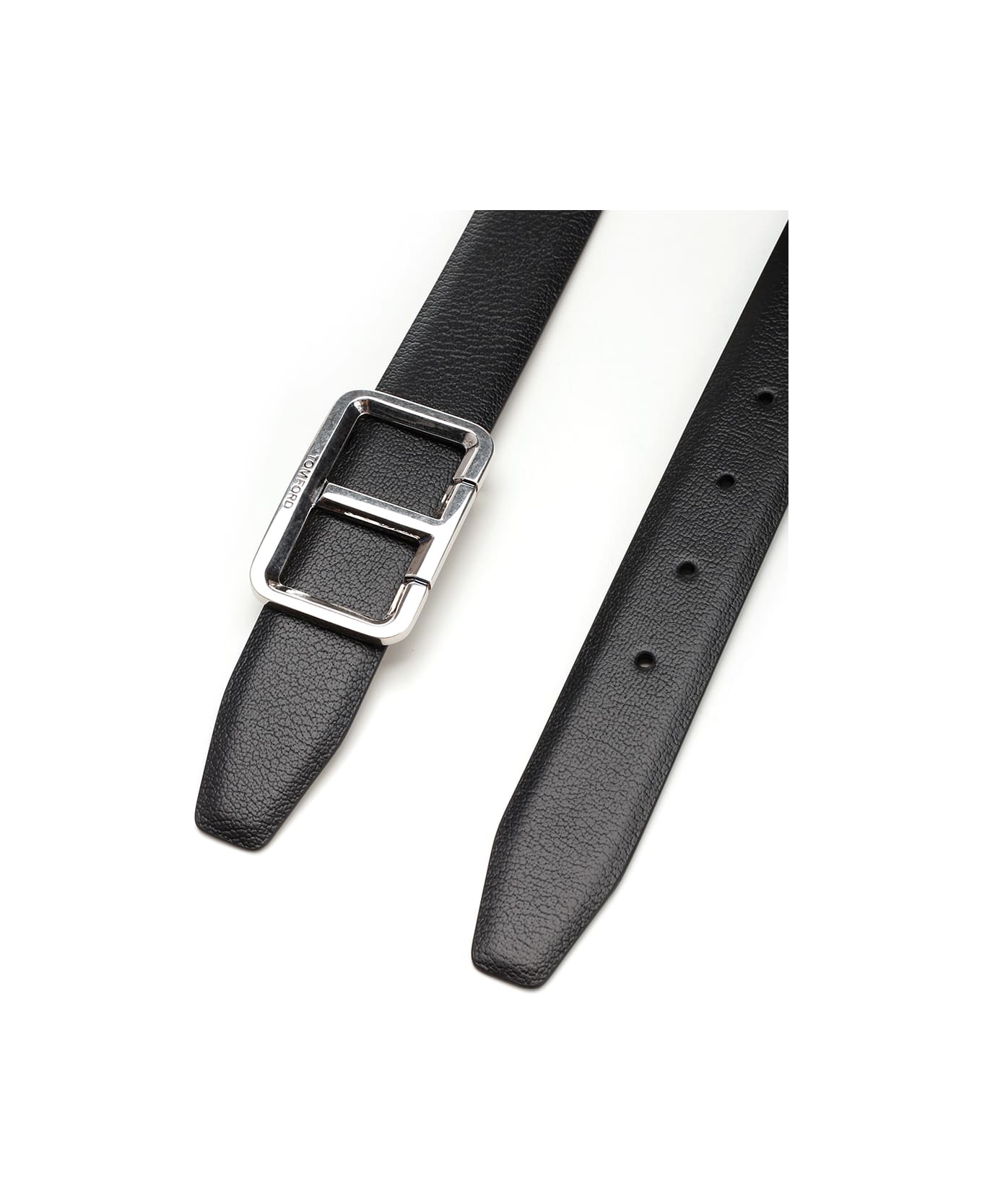 Tom Ford "t" Shiny Leather Belt With Silver Buckle - Black