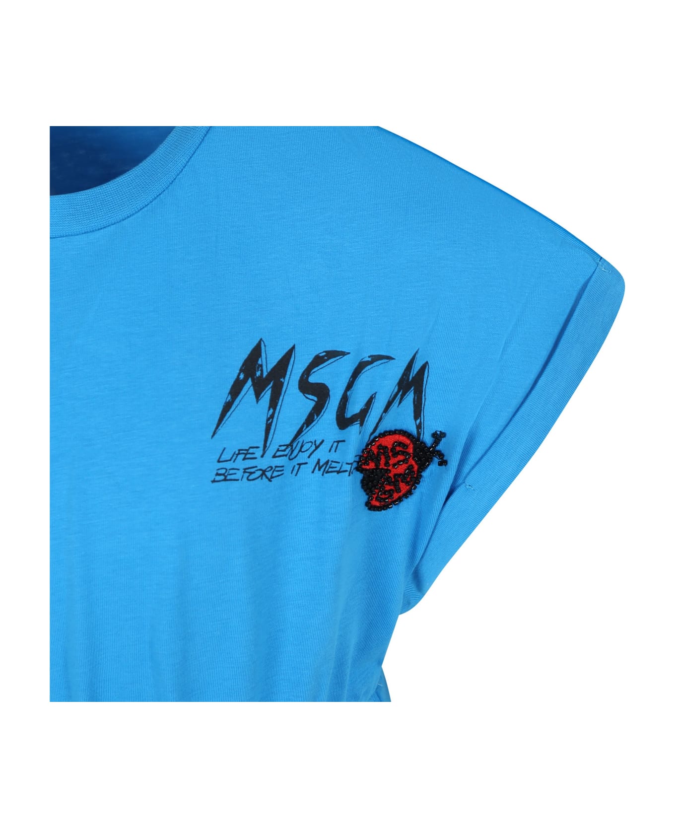 MSGM Light Blue Crop T-shirt For Girl With Logo And Ladybug - Light Blue