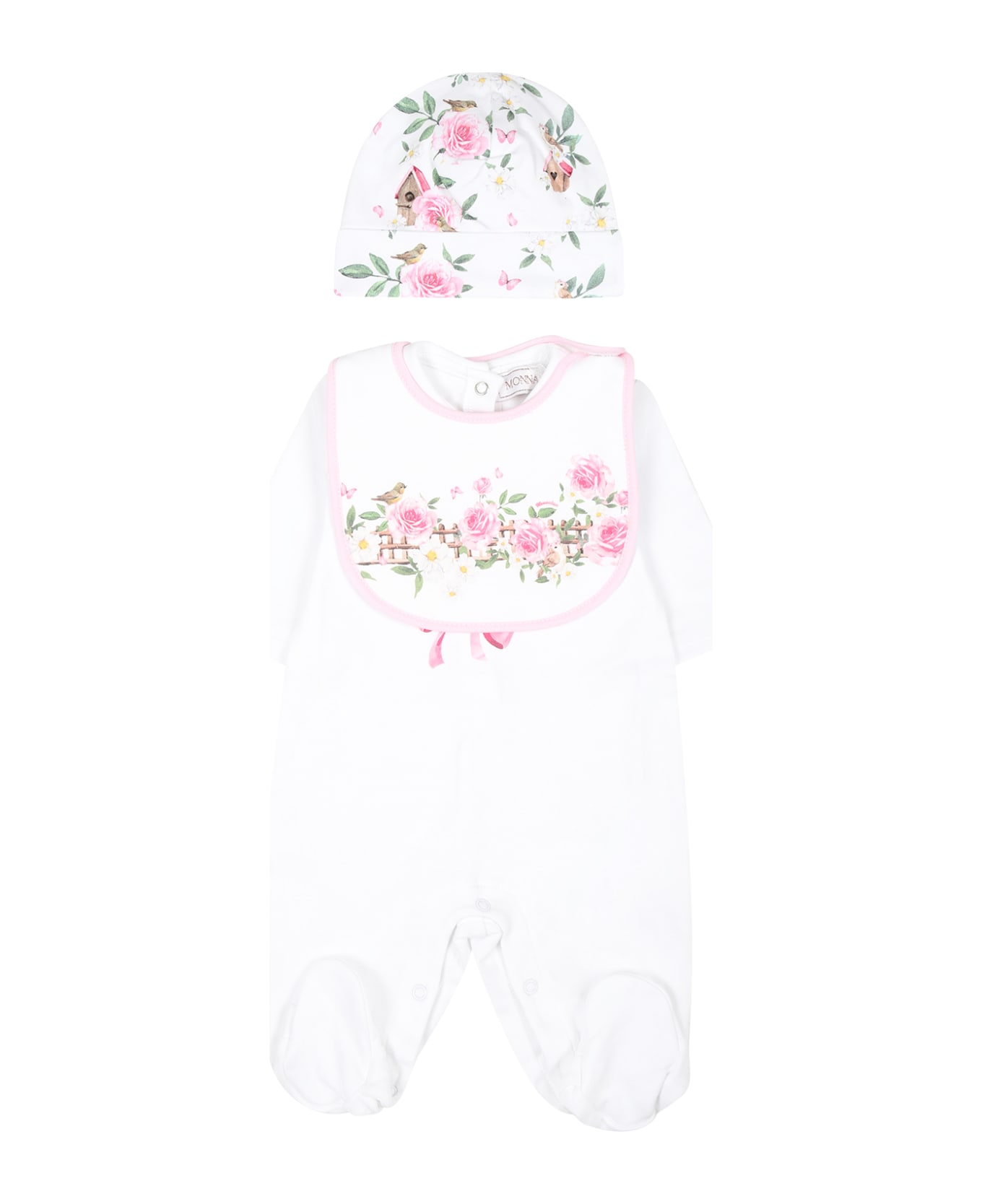 Monnalisa White Set For Baby Girl With Flowers Print - White