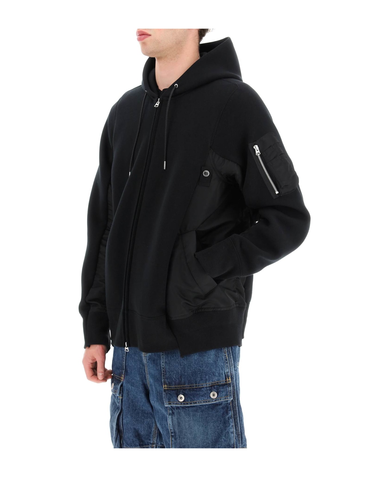 Sacai Oversized Zip-up Hoodie With Nylon Inserts - BLACK BLACK (Black)