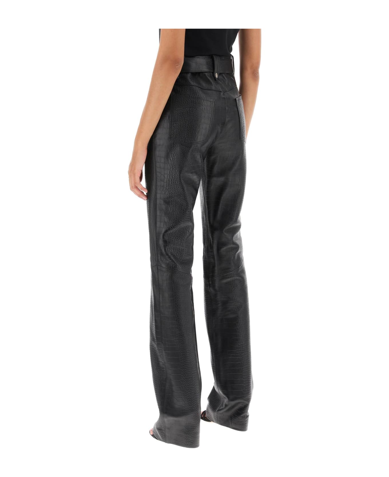 Alessandra Rich Straight-cut Pants In Crocodile-print Leather - BLACK (Black)