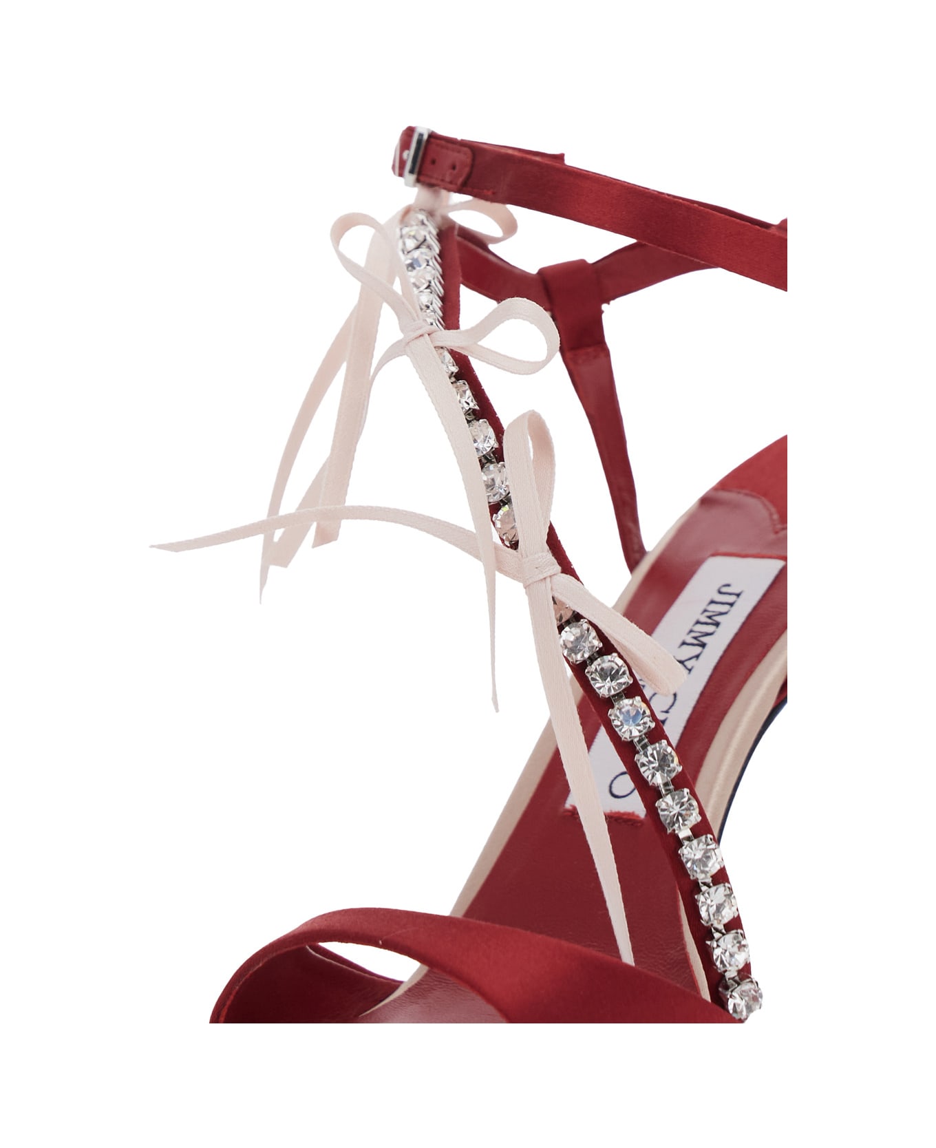 Jimmy Choo 'lula' Red Heeled Sandals With Crystal Straps And Shaped Bows In Satin Woman - Pink