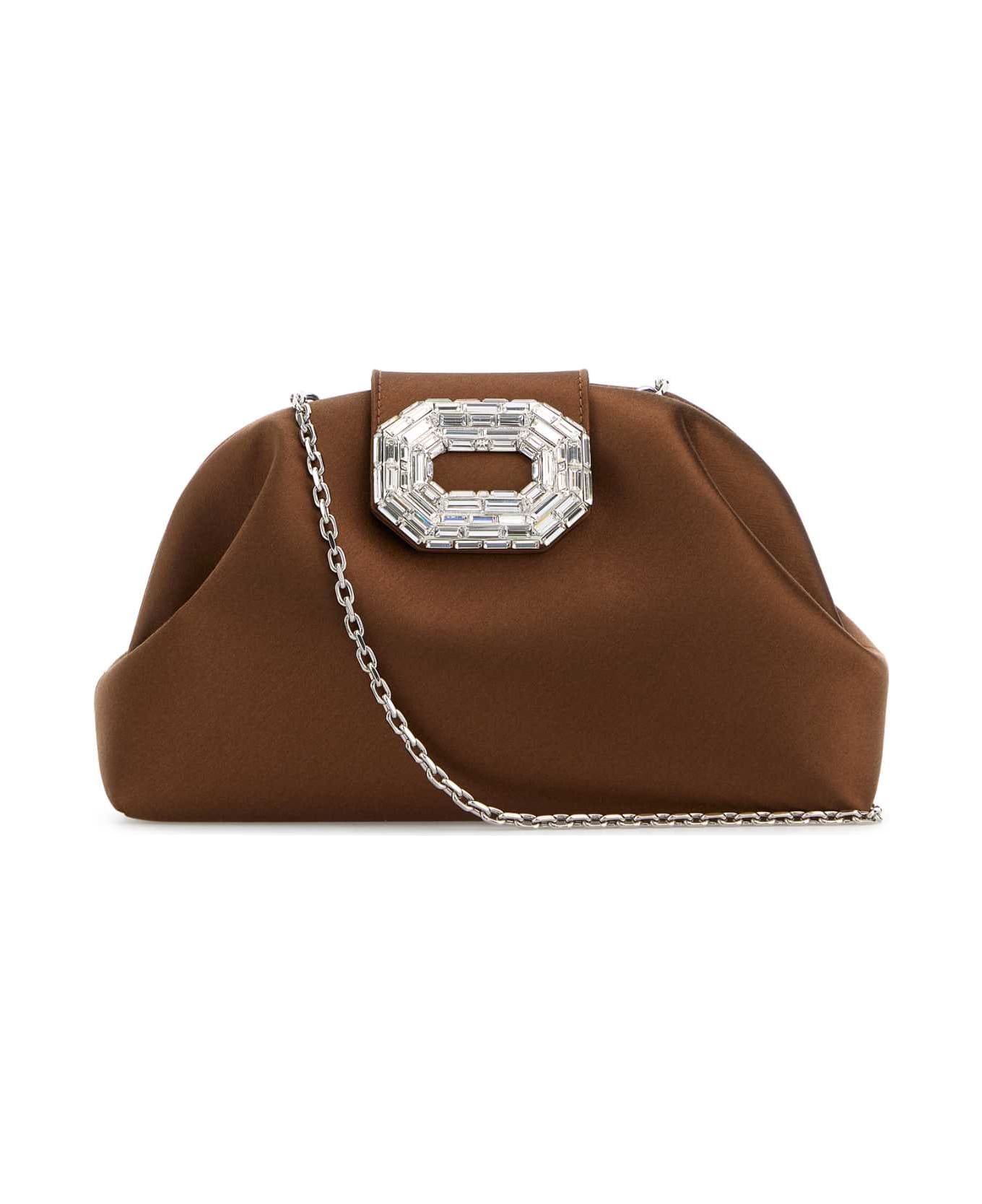 Amina Muaddi Brown Satin Camelia Clutch - SATINMOCHASILVERHARDWARE