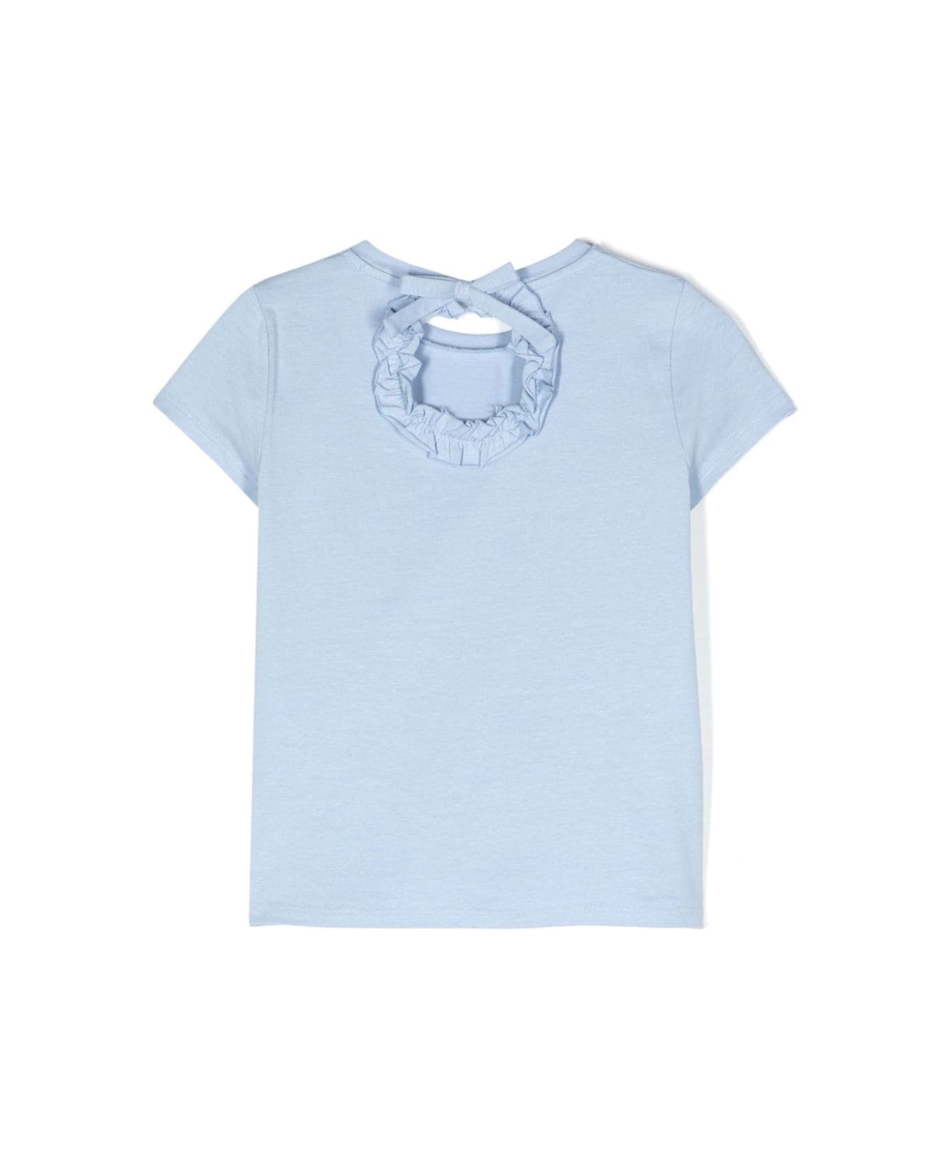 Miss Blumarine Light Blue T-shirt With Rhinestone Logo And Ruffle Detail - Blue