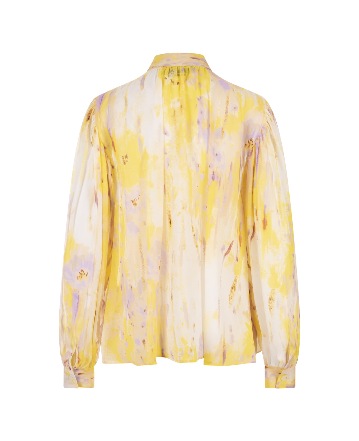 MSGM Bow Shirt In Georgette With "artsy Flower" Print - Yellow