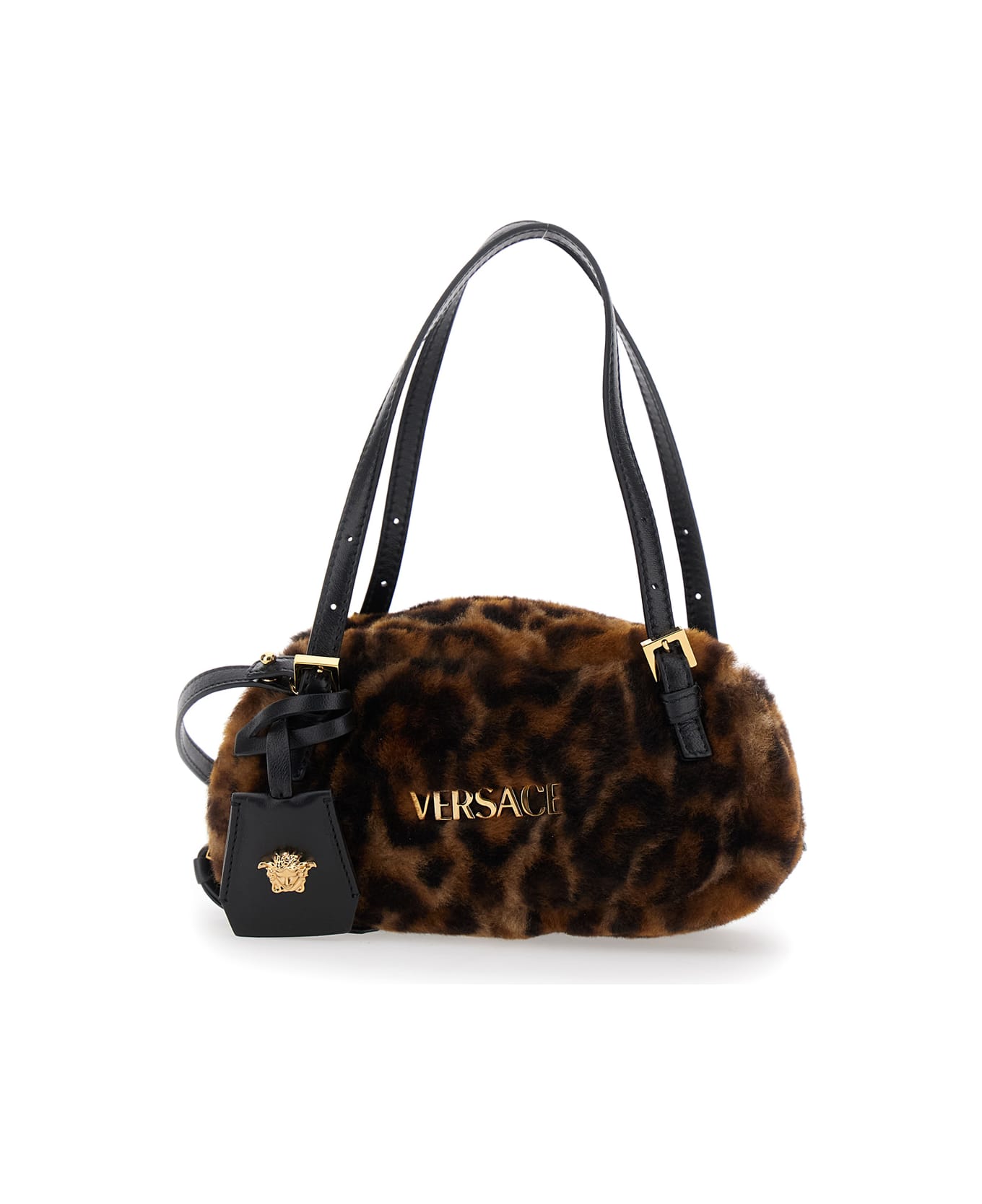 Versace Brown Shoulder Bag With Logo Lettering On The Front And Medusa Plaque In Leather And Fur Woman - Brown