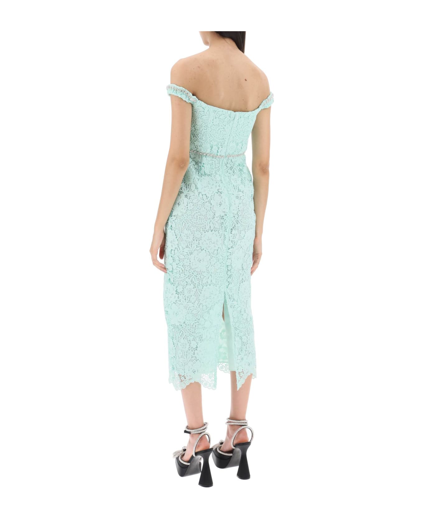 self-portrait Midi Dress In Floral Lace With Crystals - Green