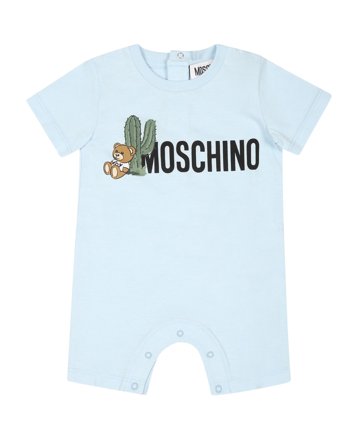Moschino Light Blue Babygrow For Baby Boy With Teddy Bear And Cactus - Light Blue