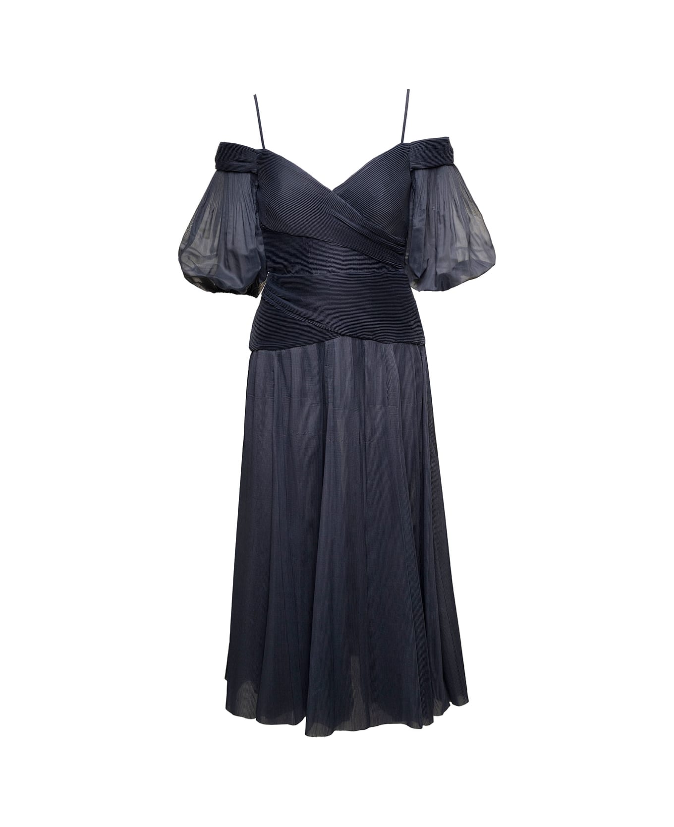 Zimmermann Black Off-shoulder Pleated Midi Dress In Black Chiffon Woman - Blu