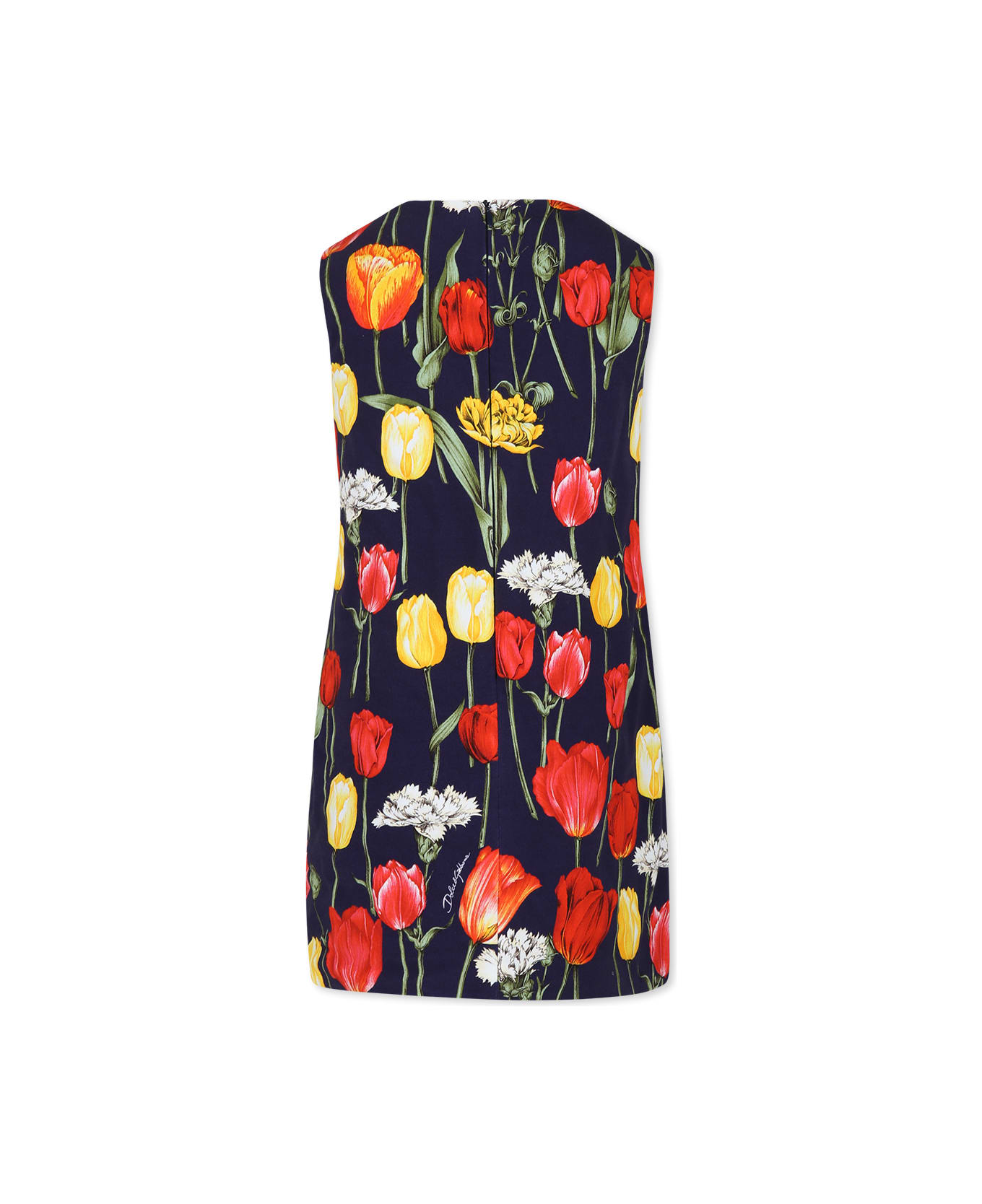 Dolce & Gabbana Blue Dress For Girl With Tulip Print - Blue