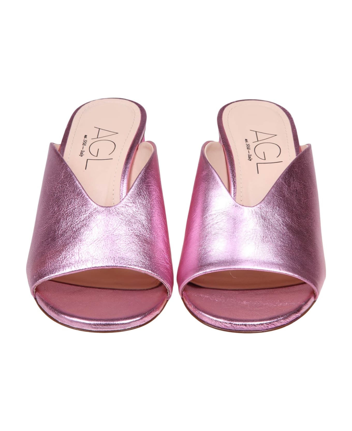 AGL Slides In Pink Metallic Leather - Temptation  サンダル