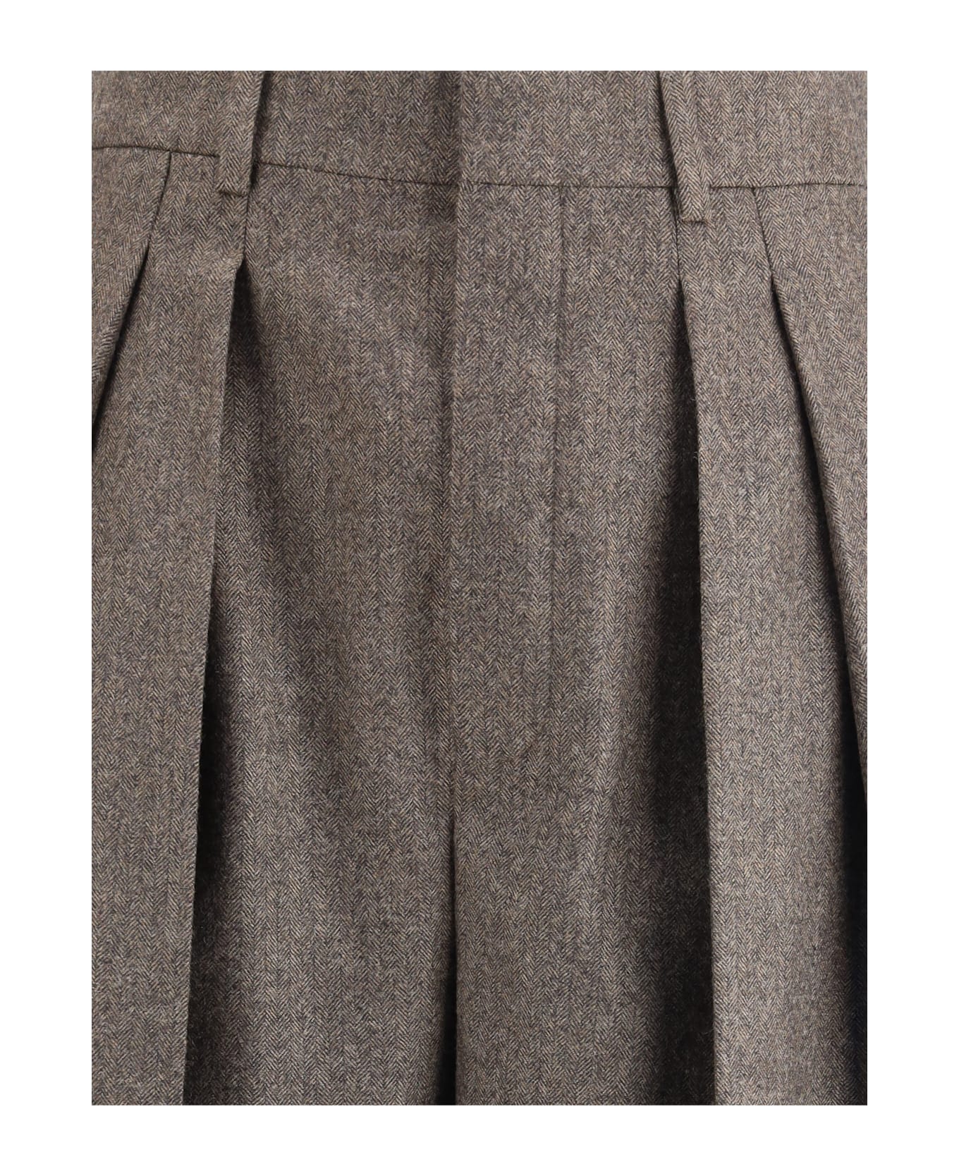 Saint Laurent Wool Herringbone Pattern Wide Leg Pants - BROWN