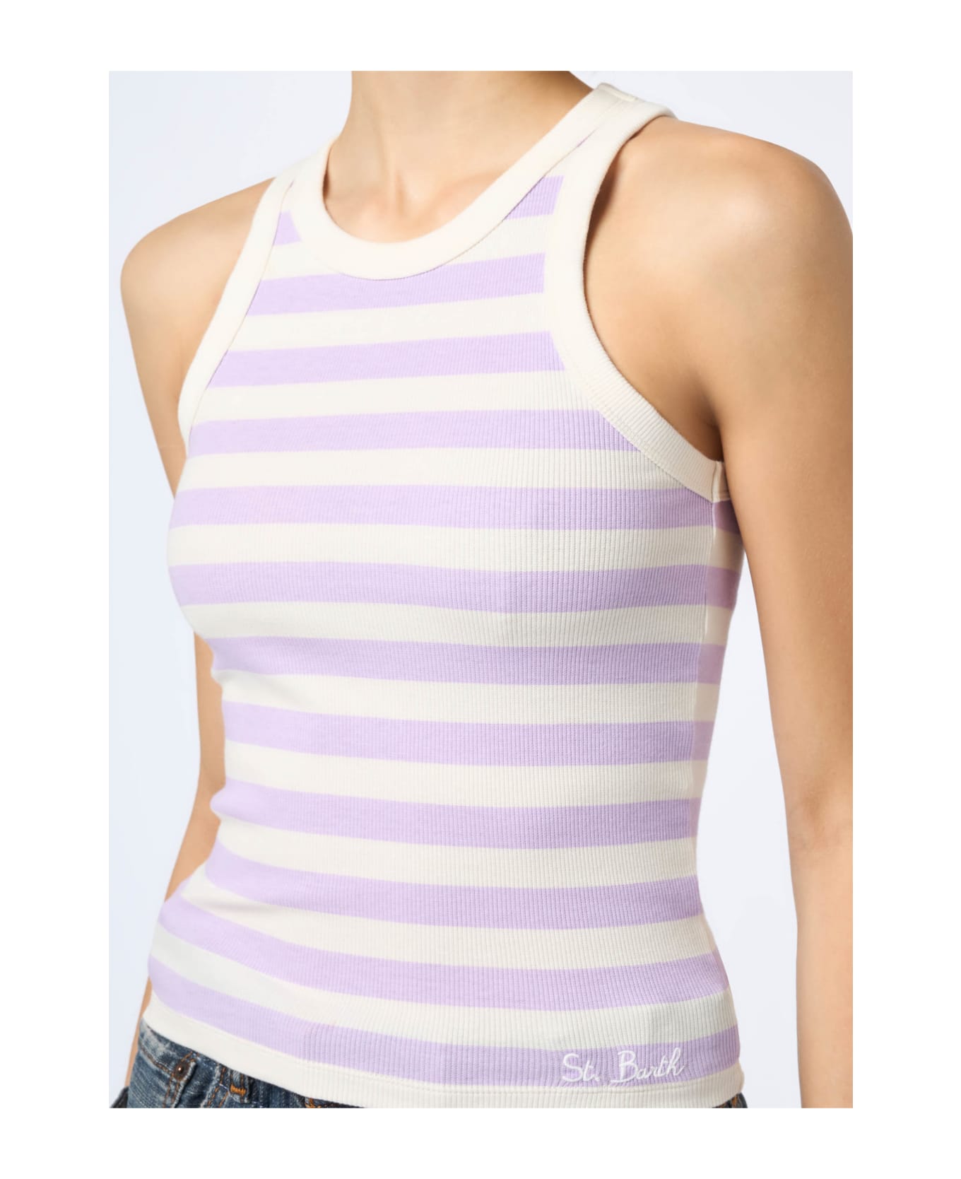 MC2 Saint Barth Woman Rib-knit Lilac And Off-white Striped Cotton Tank Top - PINK