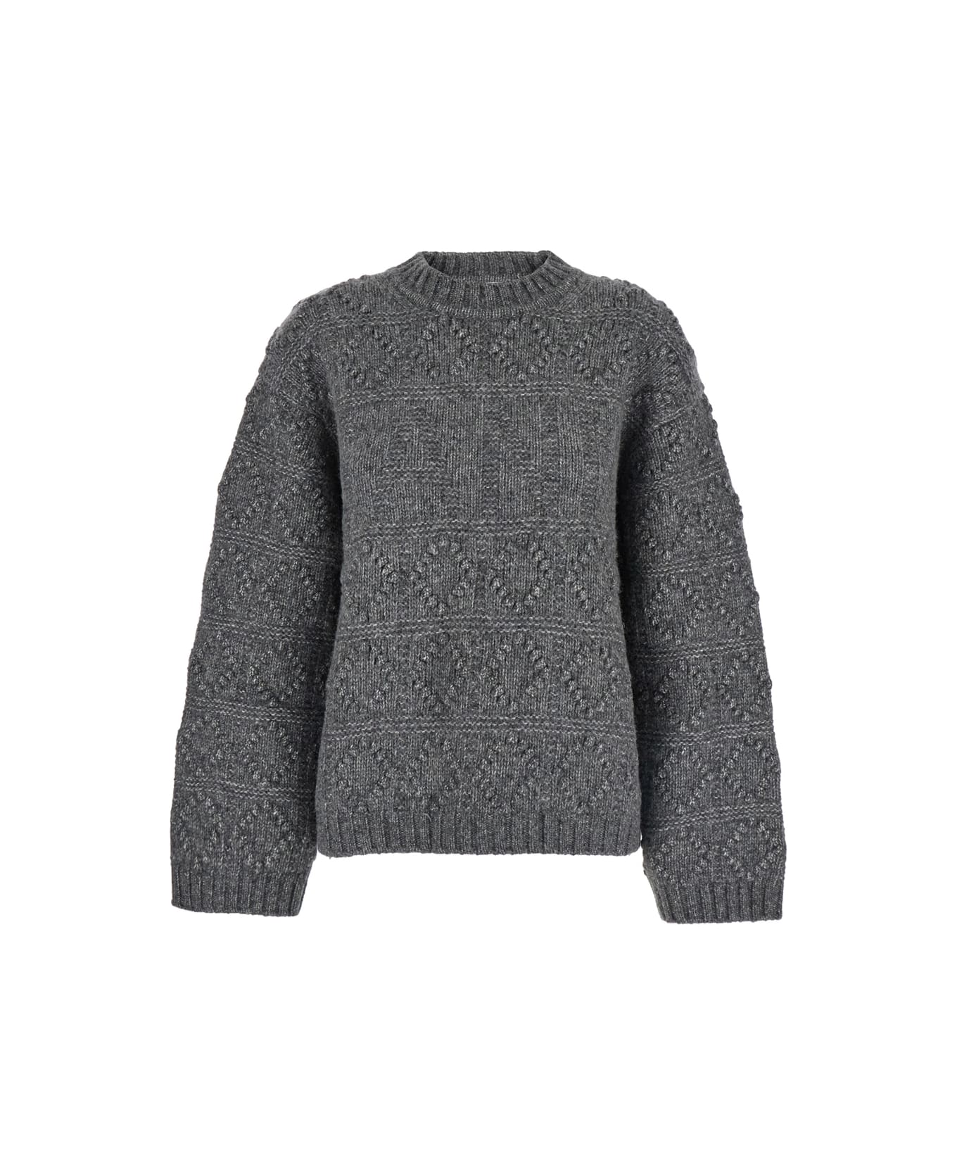 Ganni 'bubble' Grey Crewneck Sweater In Wool Blend Woman - Grey