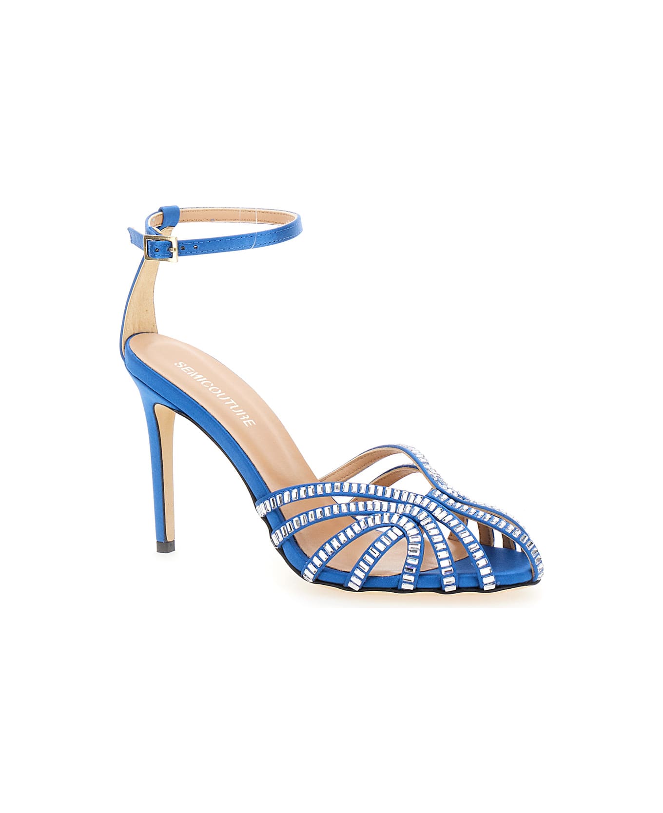 SEMICOUTURE Light Blue Sandals With Baguette Rhinestones In Satin Woman - Blu サンダル