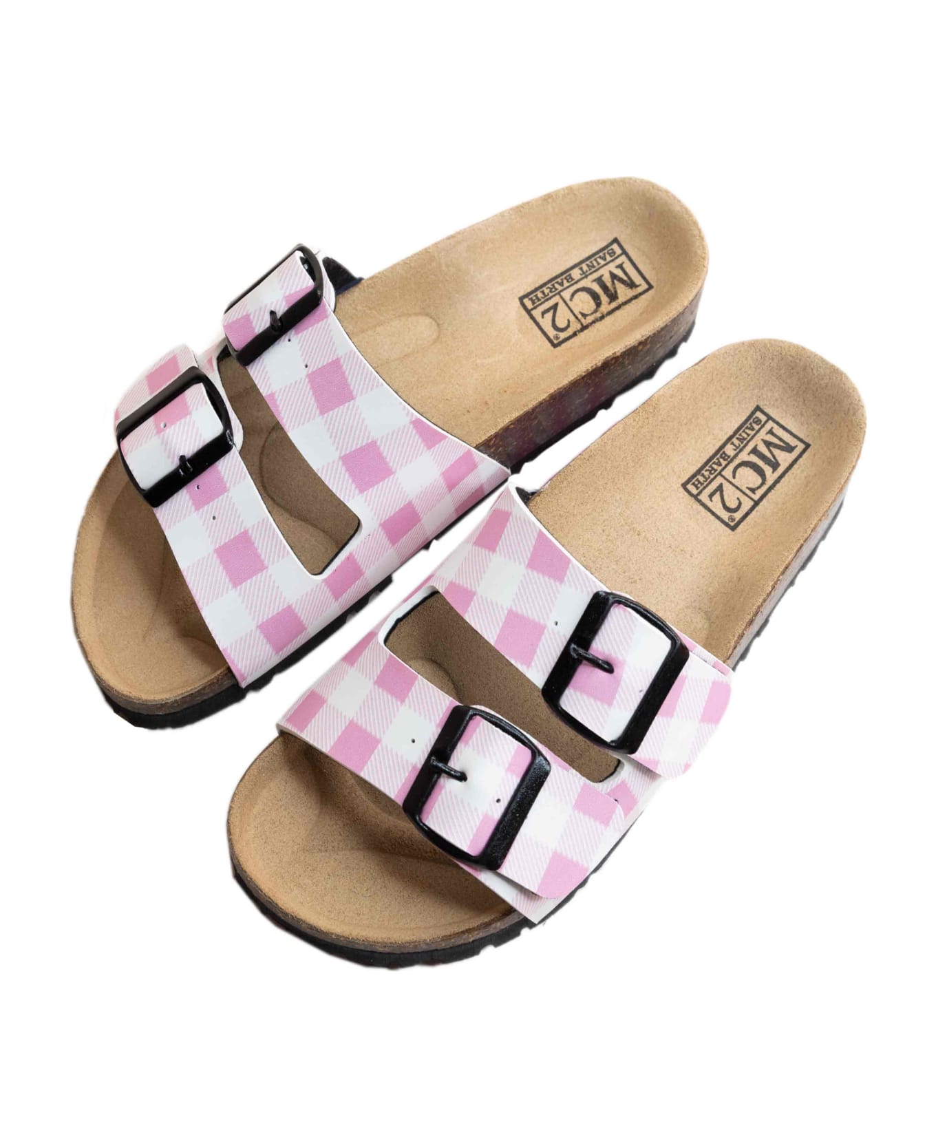 MC2 Saint Barth Cork Sandals Pink Gingham Print - PINK