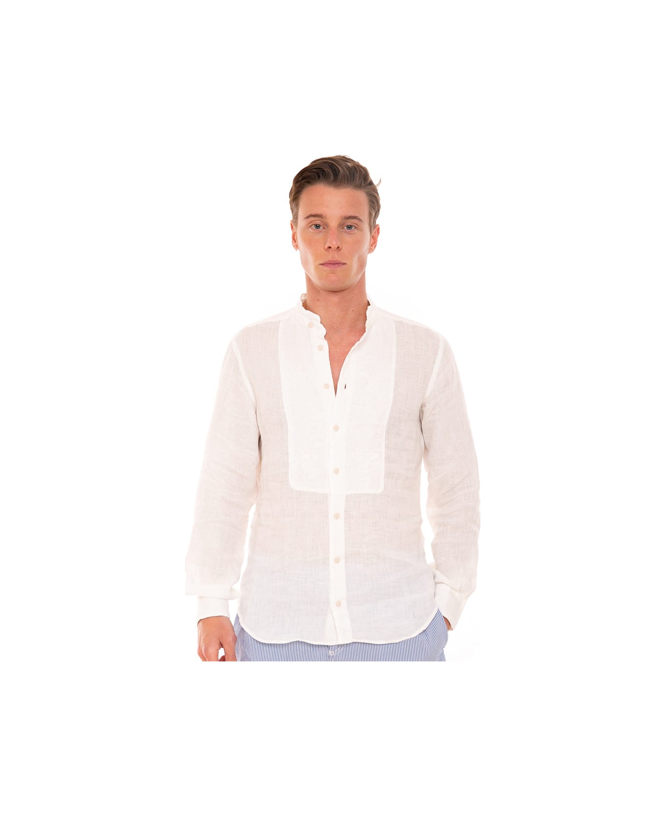 MC2 Saint Barth Off White Embroidered Man Linen Shirt - WHITE