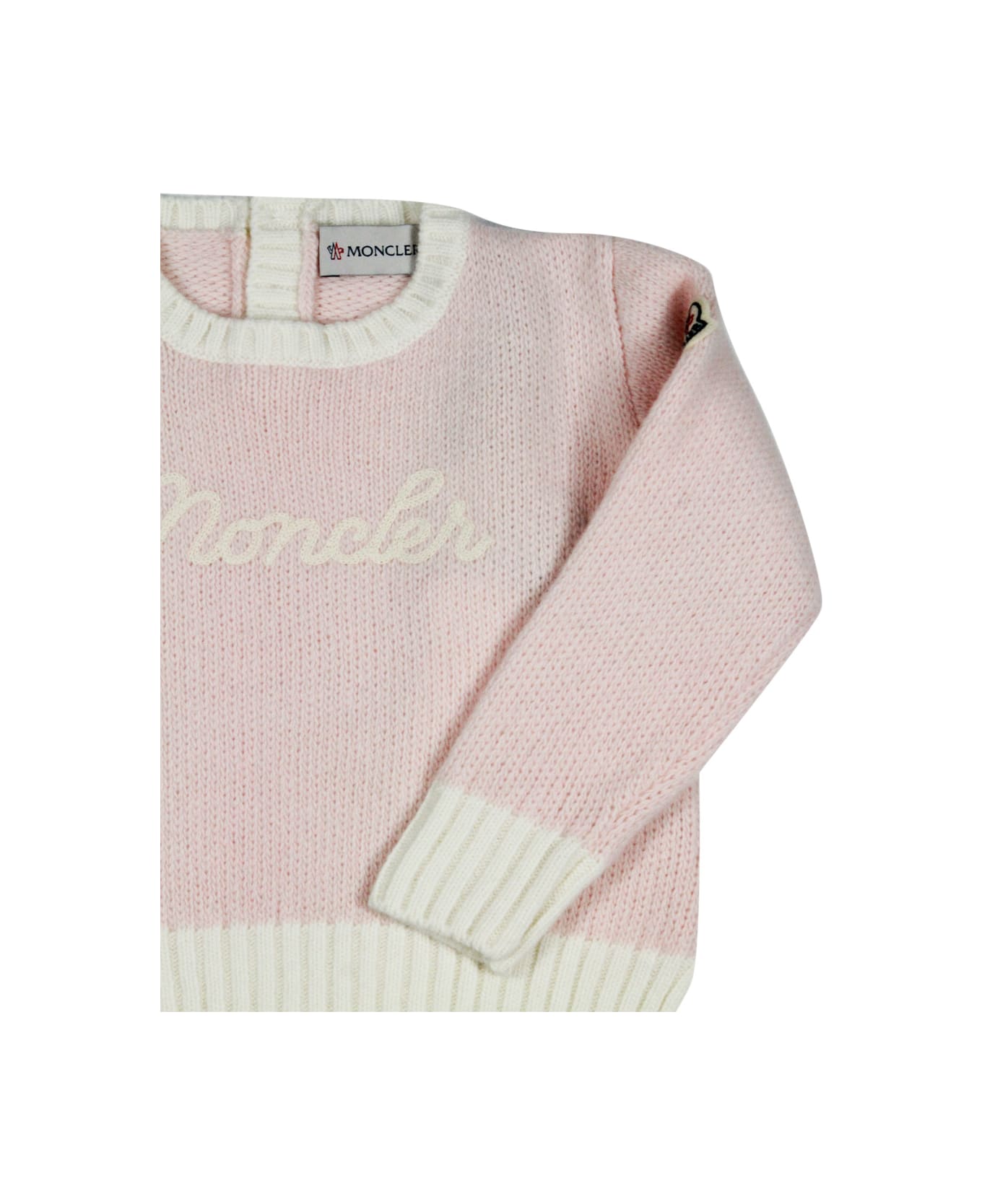 Moncler Crewneck And Long Sleeve Tricot Sweater In Soft Wool With Logo Lettering On The Chest. - Pink