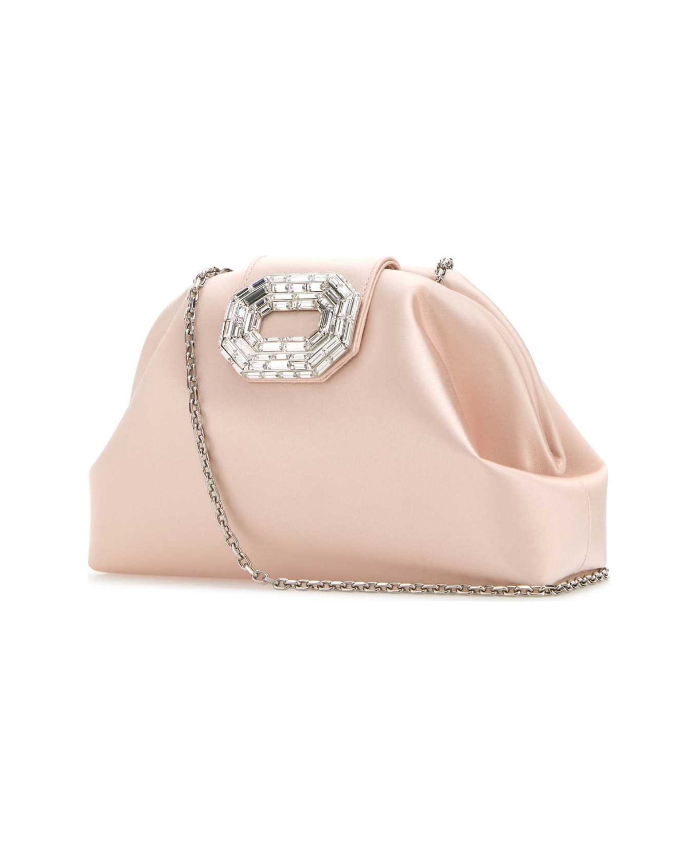 Amina Muaddi Light Pink Satin Camelia Clutch - SATINCHAMPAGNESILVERHARDWARE
