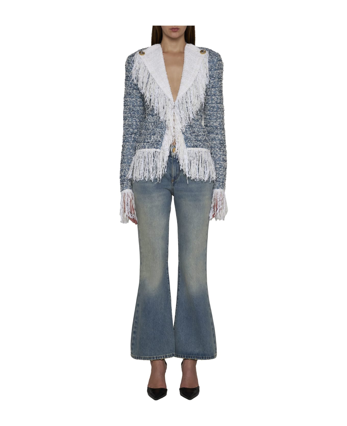 Balmain Fringed Tweed Jacket - Belu pale/blanc