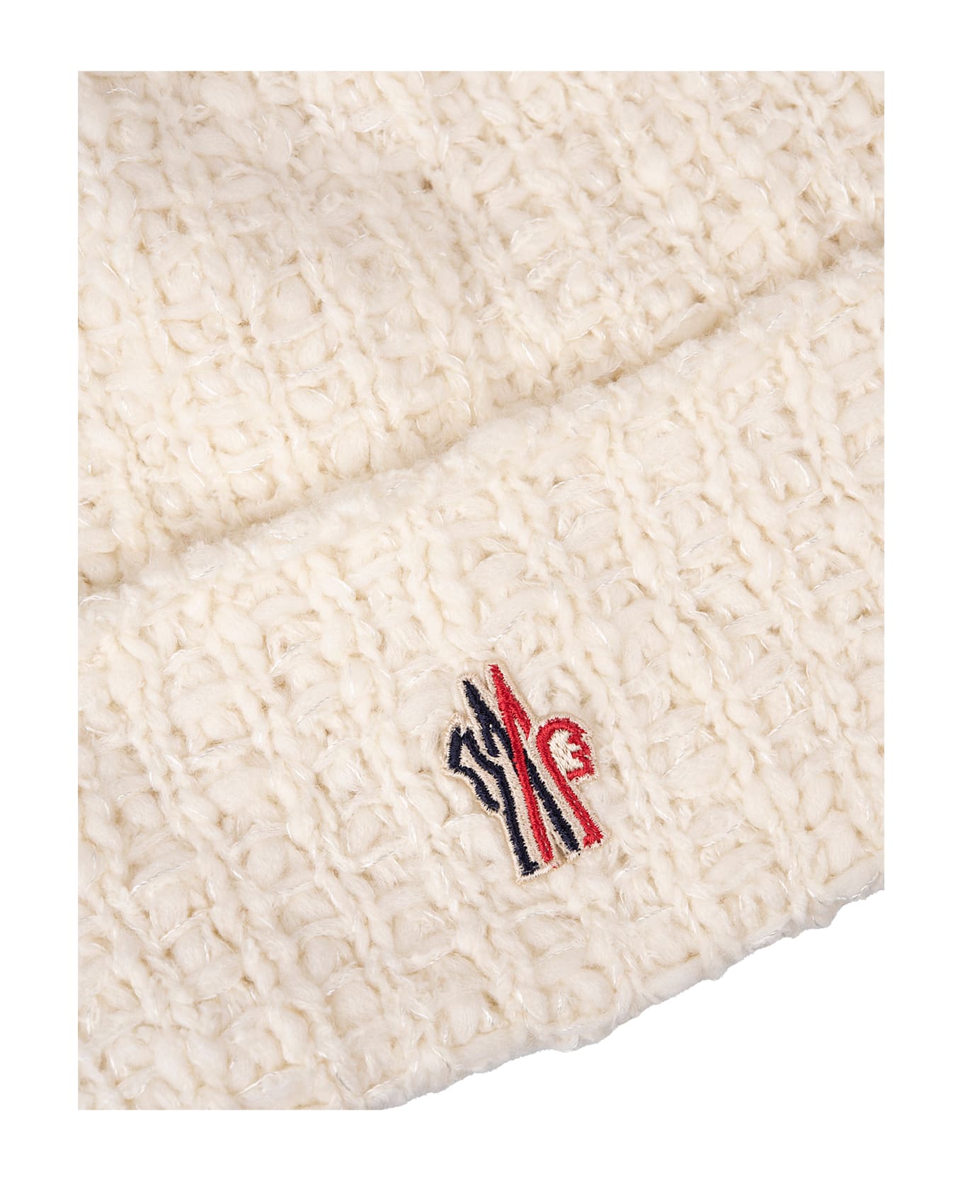 Moncler Grenoble White Knitted Beanie With Logo And Pompon - White