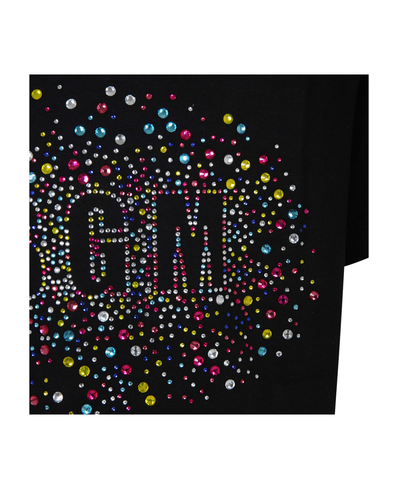 MSGM Black T-shirt For Girl With Logo And Rhinestones - Black